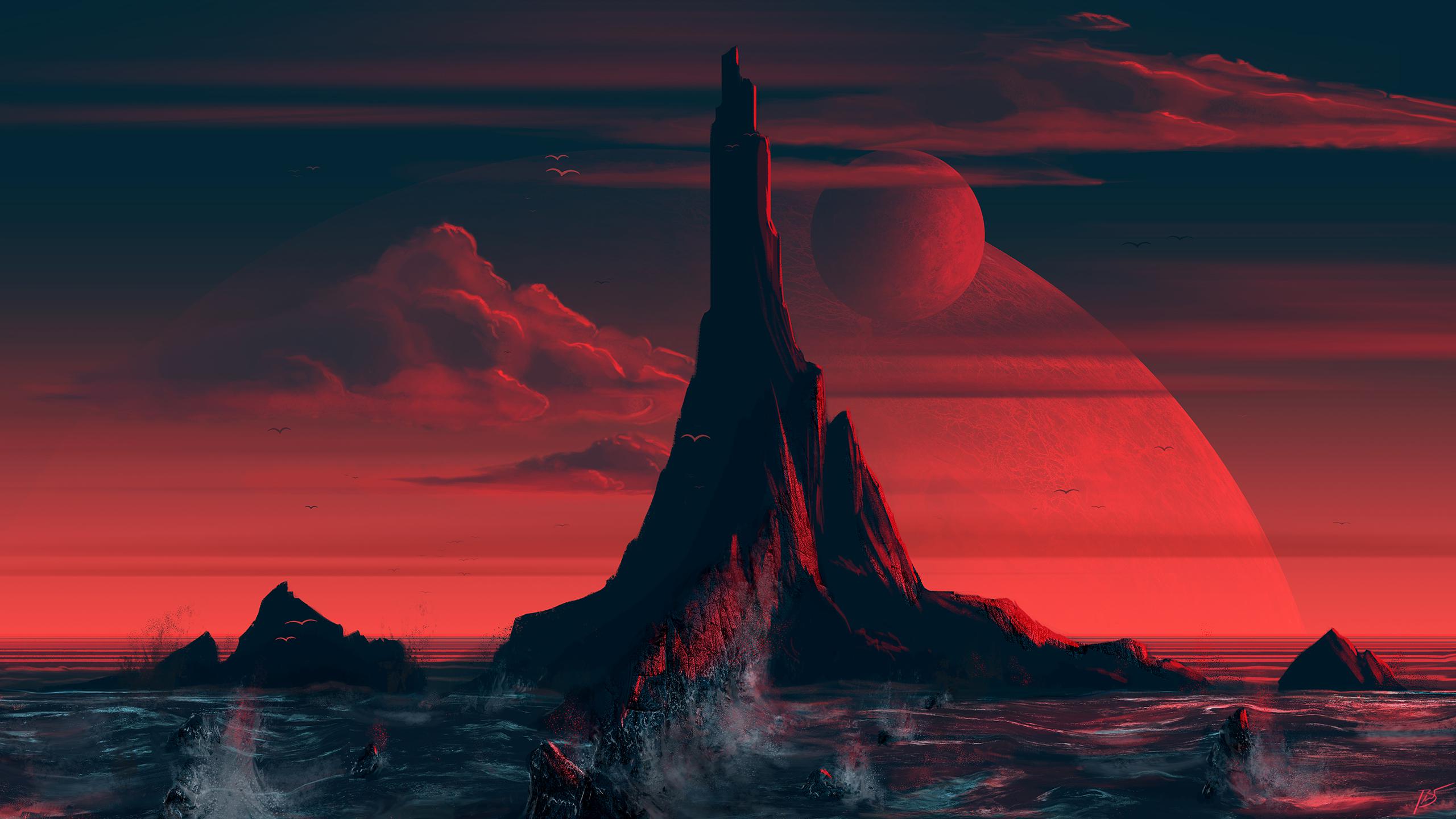 Felsnadel, Planet, Roter Himmel, Science-Fiction, Digitale Kunst, 2560x1440, Desktop-Hintergrund