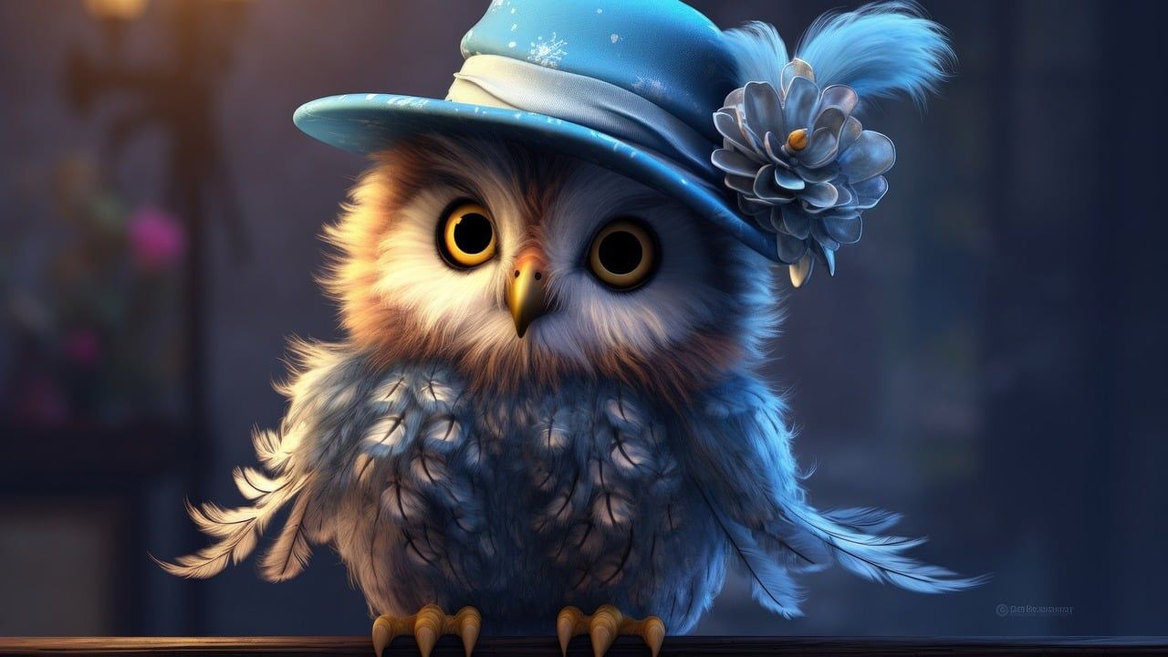 Eule, Hut, Digitale Kunst, Blau, Große Augen, HD, Desktop-Hintergrund für Windows