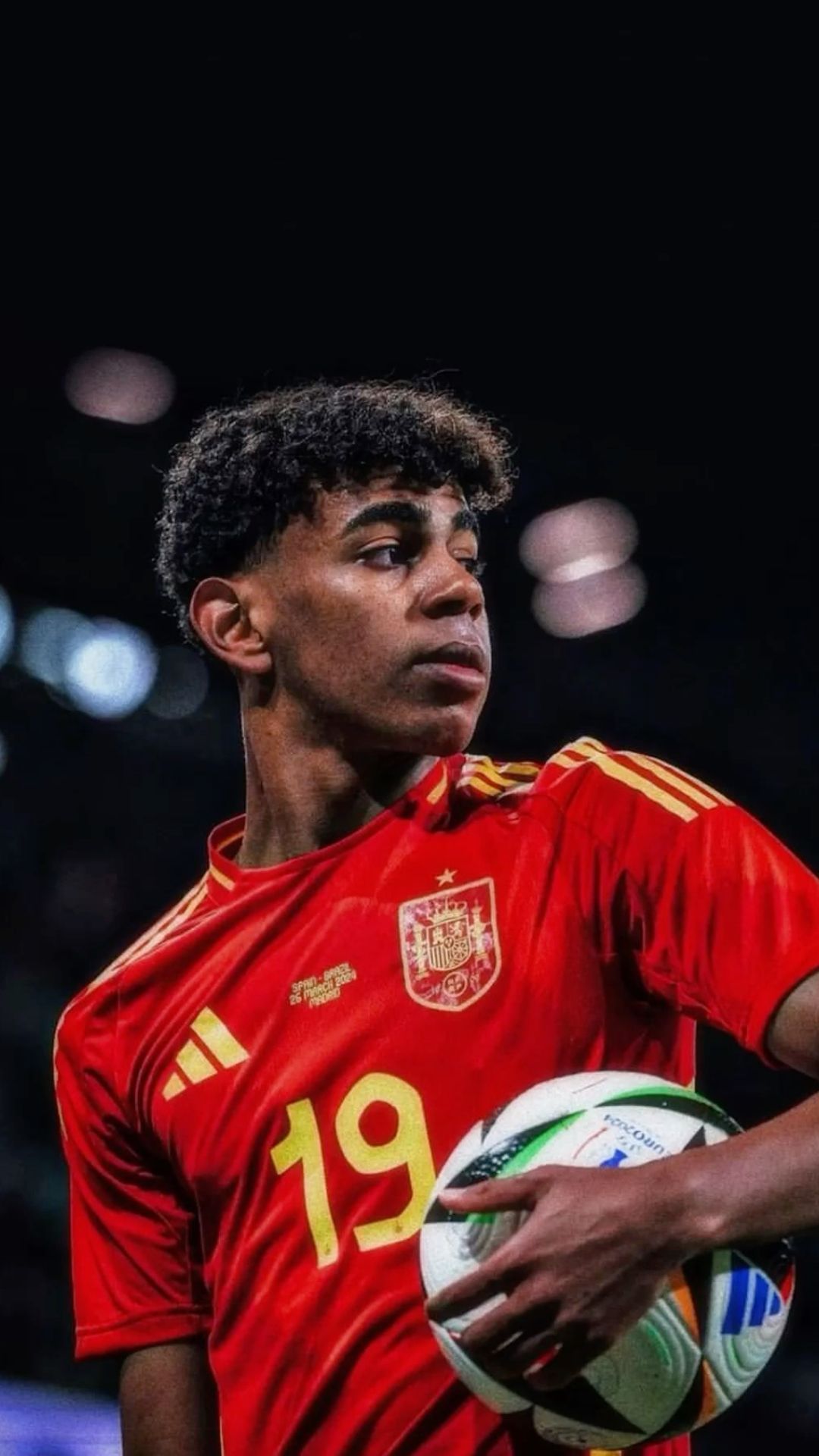Lamine Yamal, Spanische Nationalmannschaft, Nummer 19, Ball, Dunkler Hintergrund, Sperrbildschirm