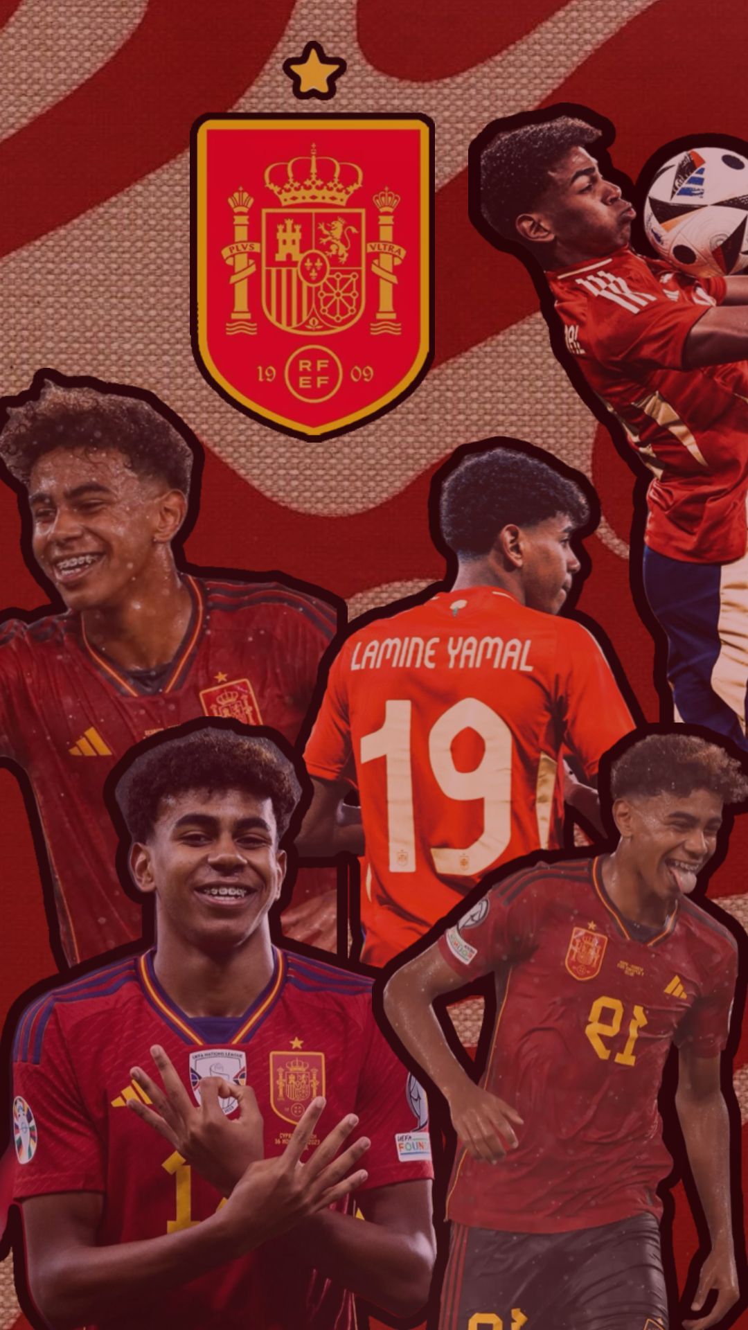 Lamine Yamal, Spanische Nationalmannschaft, Collage, Wappen, Rot, Full HD, Handy-Hintergrundbild