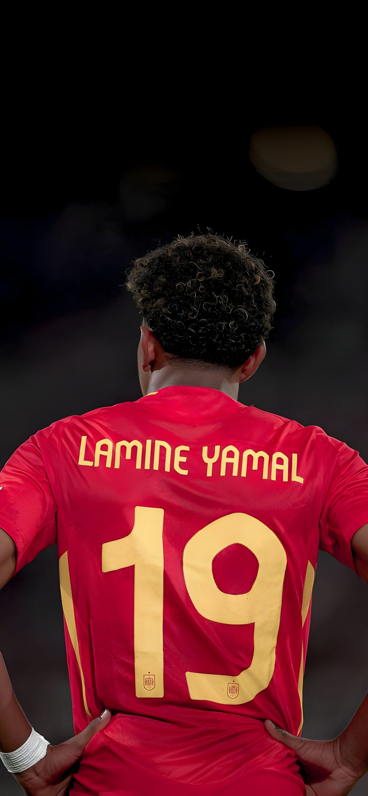 Lamine Yamal, Spanische Nationalmannschaft, Rückenansicht, Nummer 19, Schwarzer Hintergrund, Sperrbildschirm