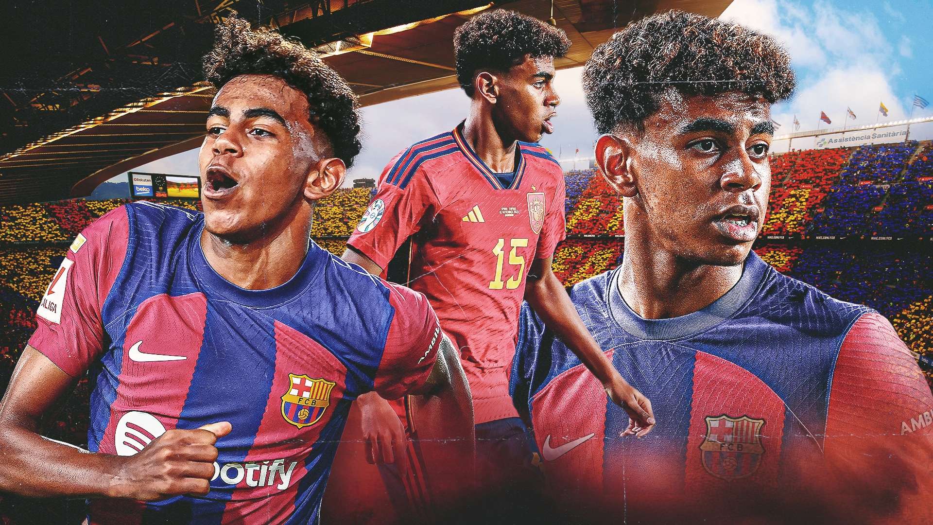 Lamine Yamal, FC Barcelona, Collage, Grafikdesign, Blau-Rot, Full HD, PC-Hintergrundbild