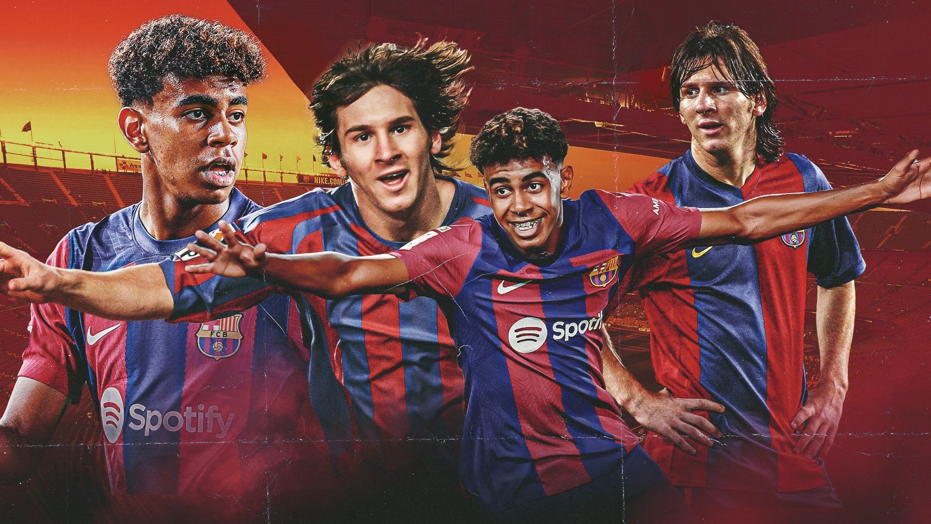 Lamine Yamal, Lionel Messi, FC Barcelona, Collage, Blau-Rot, Full-HD-Hintergrundbild für PC