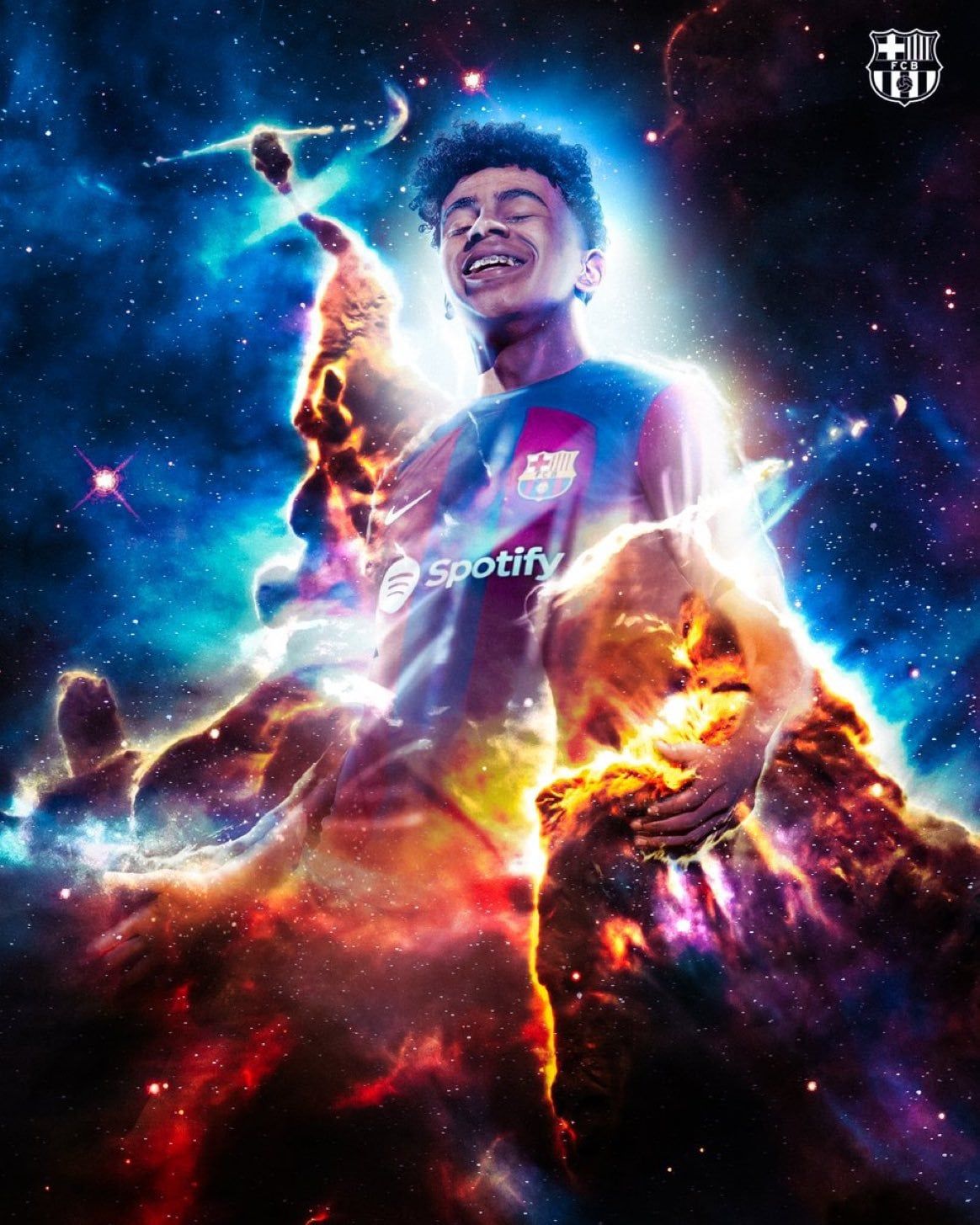 Lamine Yamal, FC Barcelona, Digitale Kunst, Weltall, Nebel, Feuer, Hintergrundbild fürs Tablet
