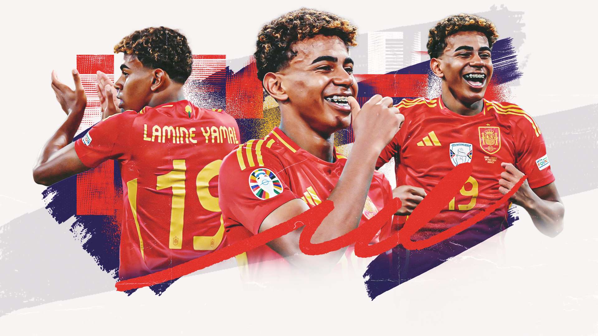 Lamine Yamal, Spanische Nationalmannschaft, Collage, Nummer 19, Pinselstriche, Full-HD-Hintergrundbild
