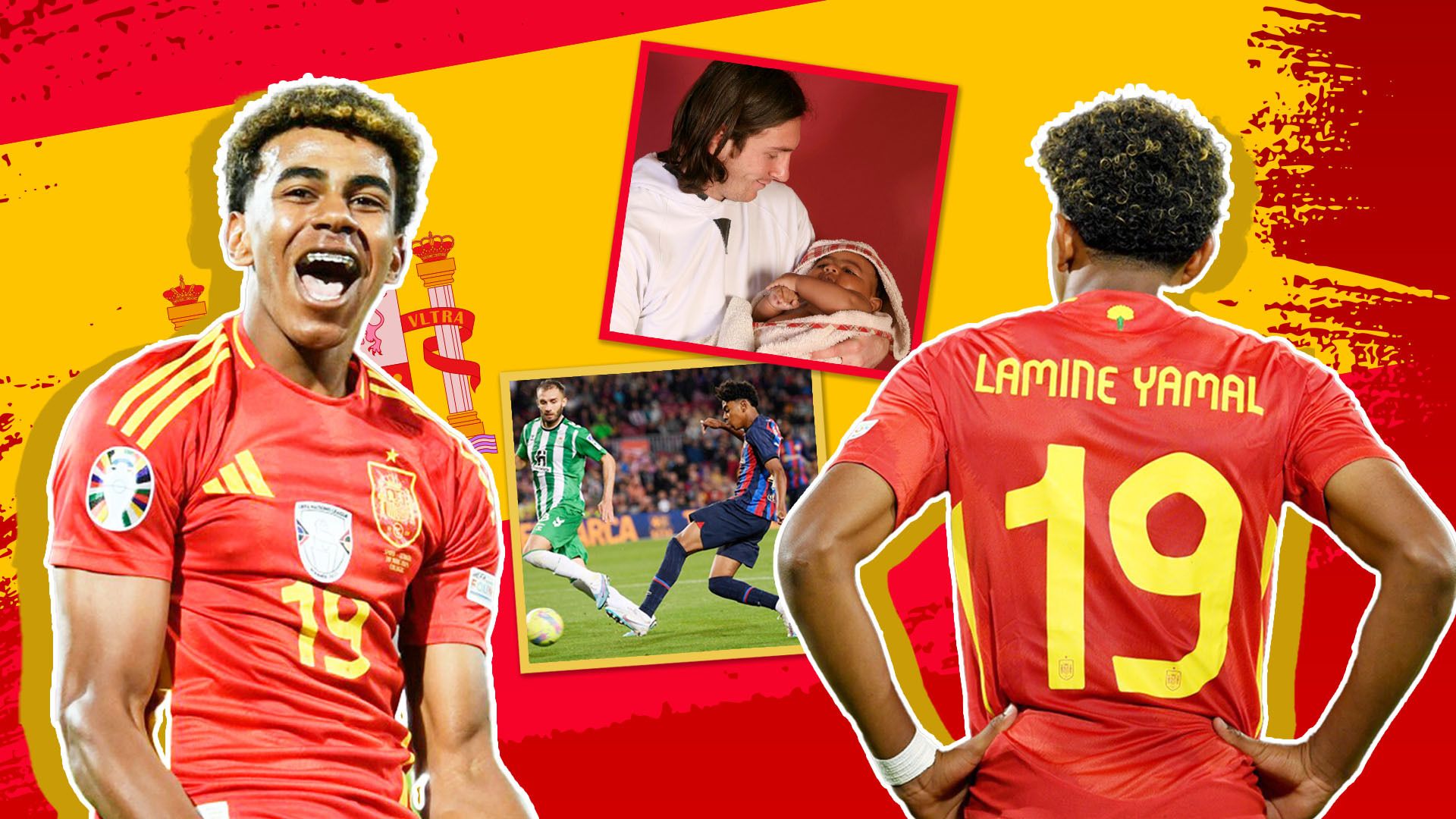 Lamine Yamal, Lionel Messi, Spanische Nationalmannschaft, Kinderfoto, Collage, Rot und Gelb, 1080p Wallpaper