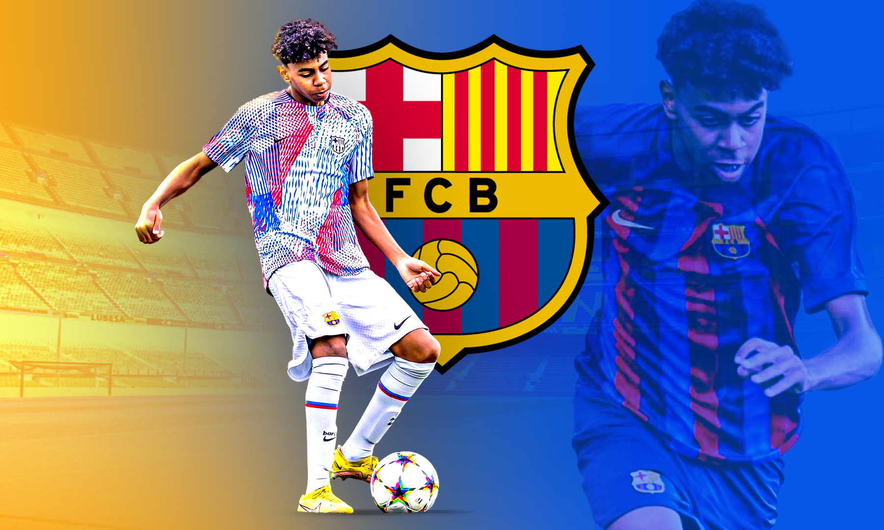 Lamine Yamal, FC Barcelona, Vereinswappen, Grafikdesign, Blau und Gelb, HD, Desktop-Hintergrund