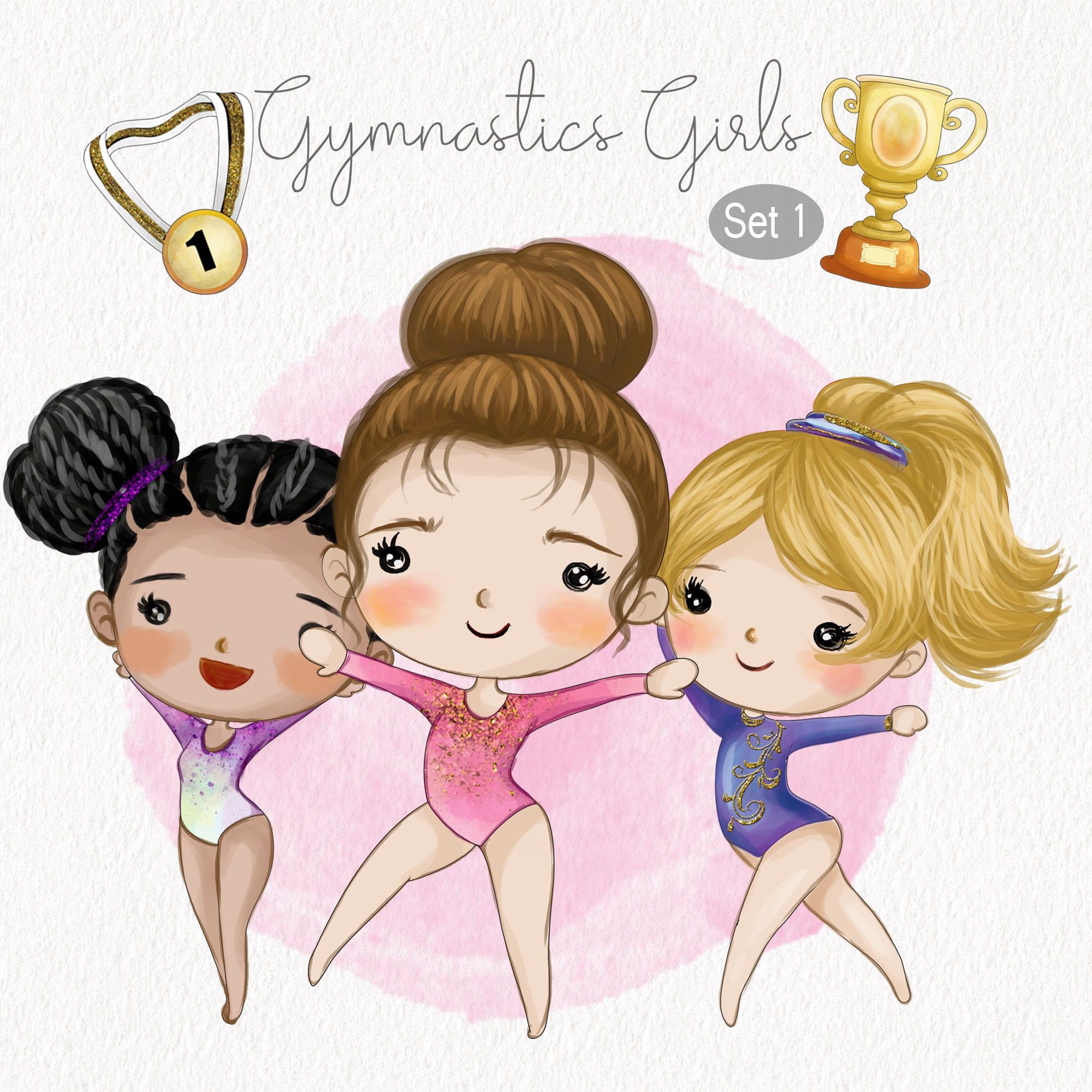 Gymnastics Girls, Turnerinnen, Cartoon, Pokal, Medaille, Hintergrundbild fürs iPad