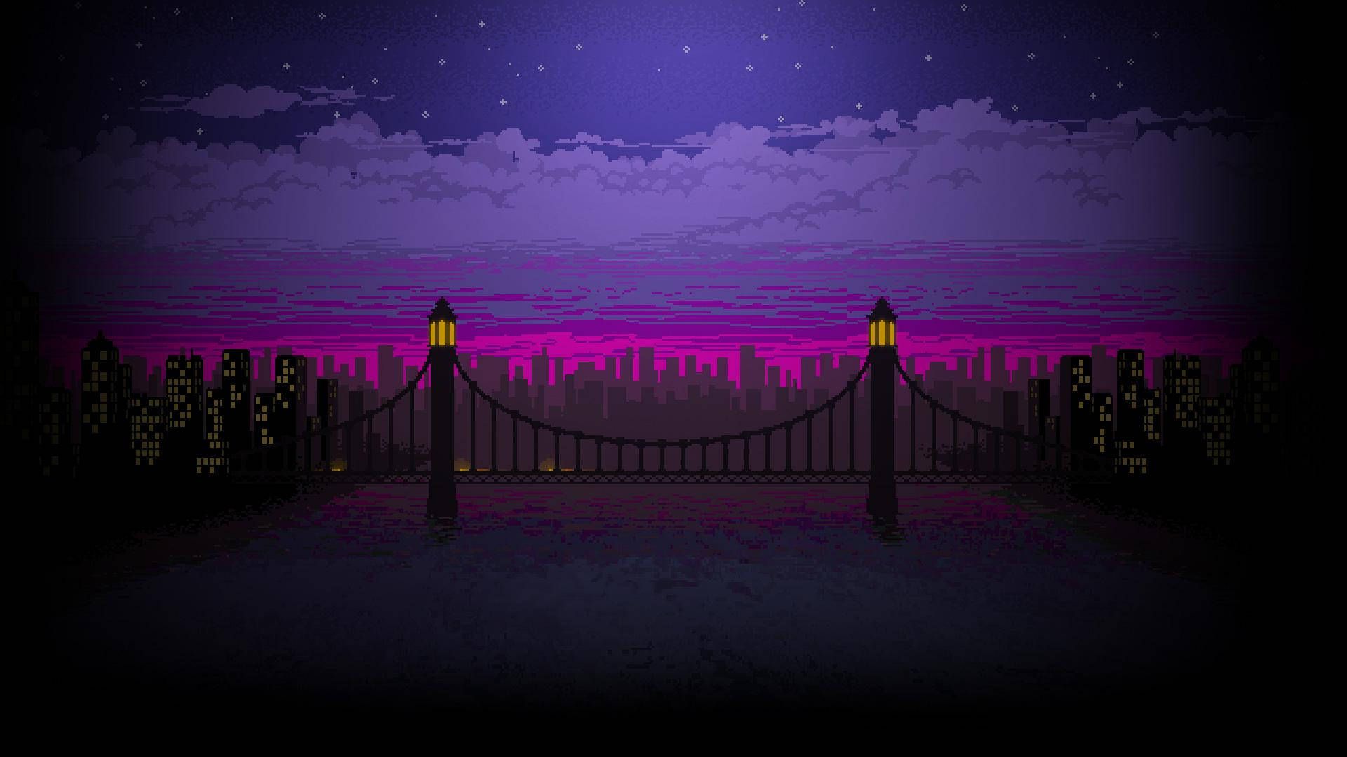Pixel-Art, Brücke, Nachthimmel, Skyline, Lila, Full HD 1080p, Desktop-Hintergrundbild