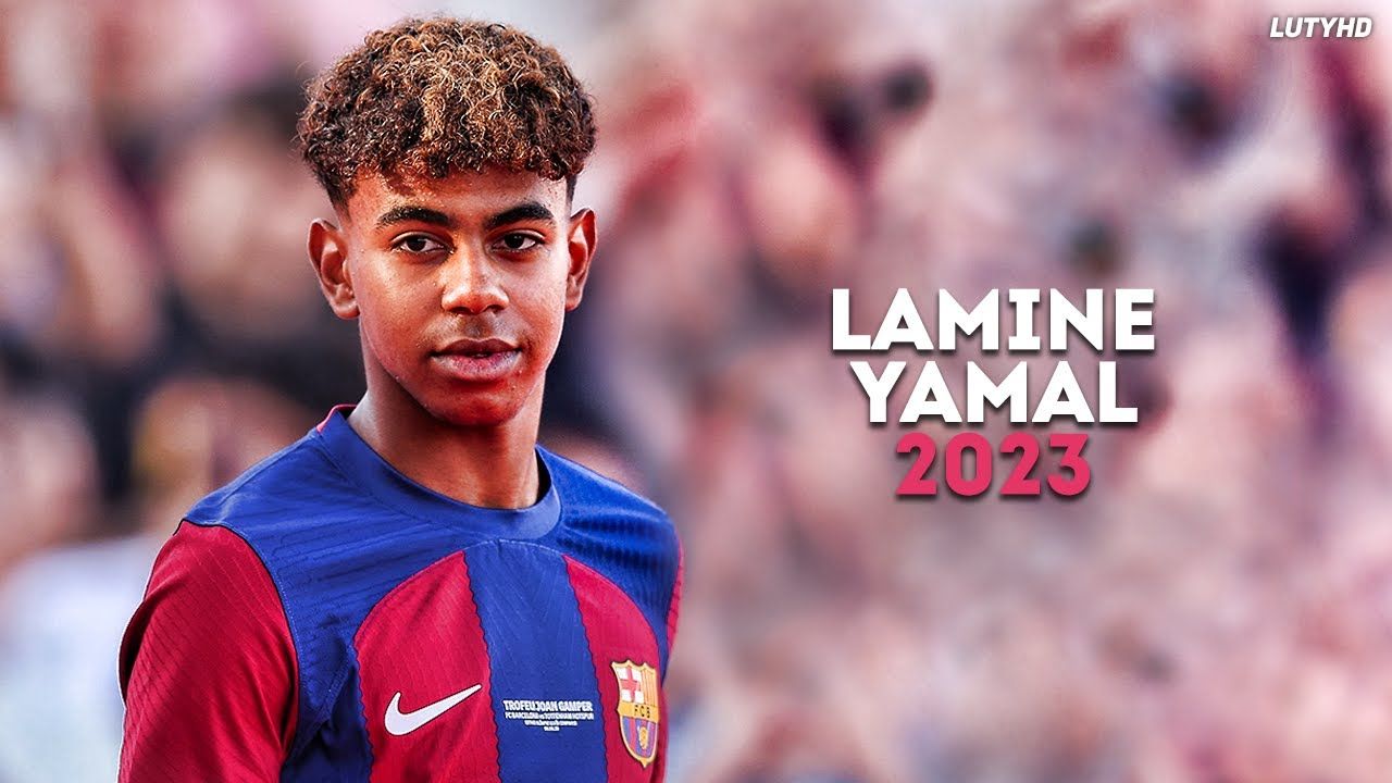 Lamine Yamal, FC Barcelona, 2023, Typografie, Porträt, HD, Desktop-Hintergrund für Windows