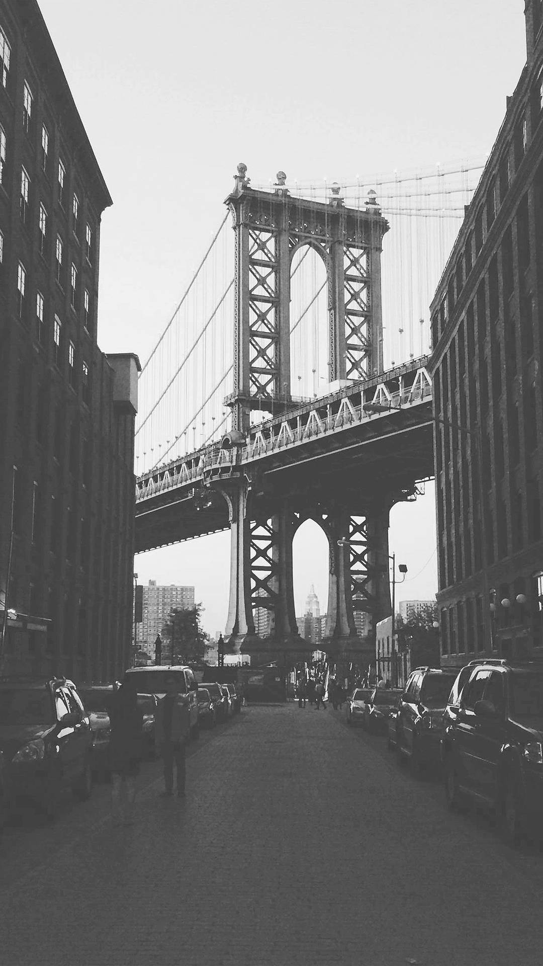 Manhattan Bridge, DUMBO, New York City, Schwarz-Weiß, Straße, Full HD, Handy-Hintergrundbild