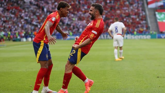 Lamine Yamal, Spanische Nationalmannschaft, Teamkollege, Jubel, Tanz, Hintergrundbild