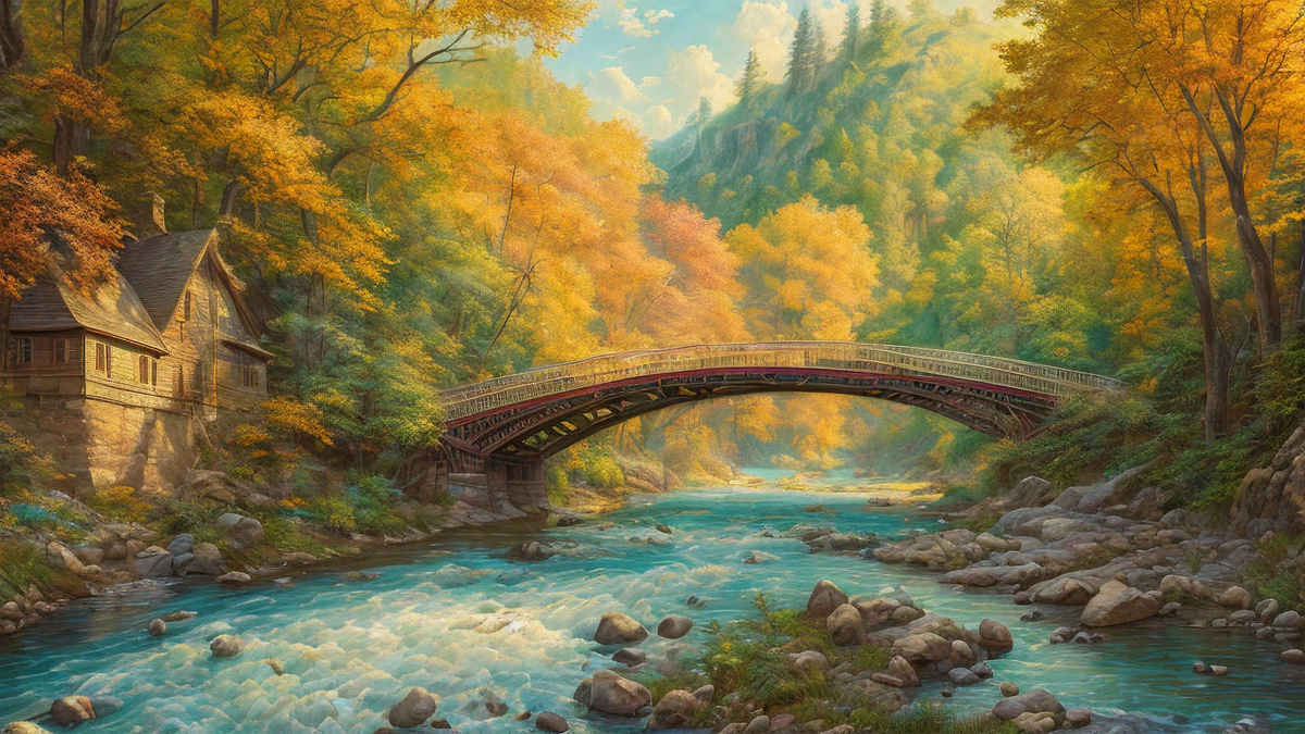 Steinbrücke, Fluss, Herbstwald, Haus, Gemälde, Hintergrundbild