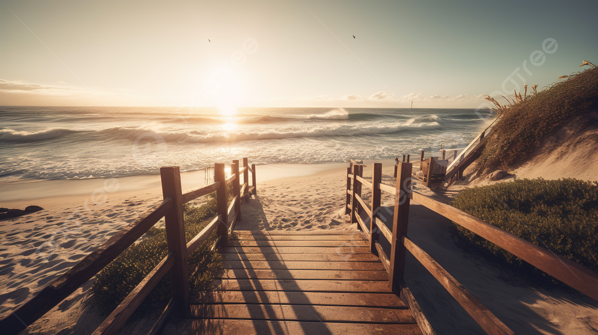 Holzsteg, Strand, Meer, Sonnenuntergang, Dünen, Hintergrund
