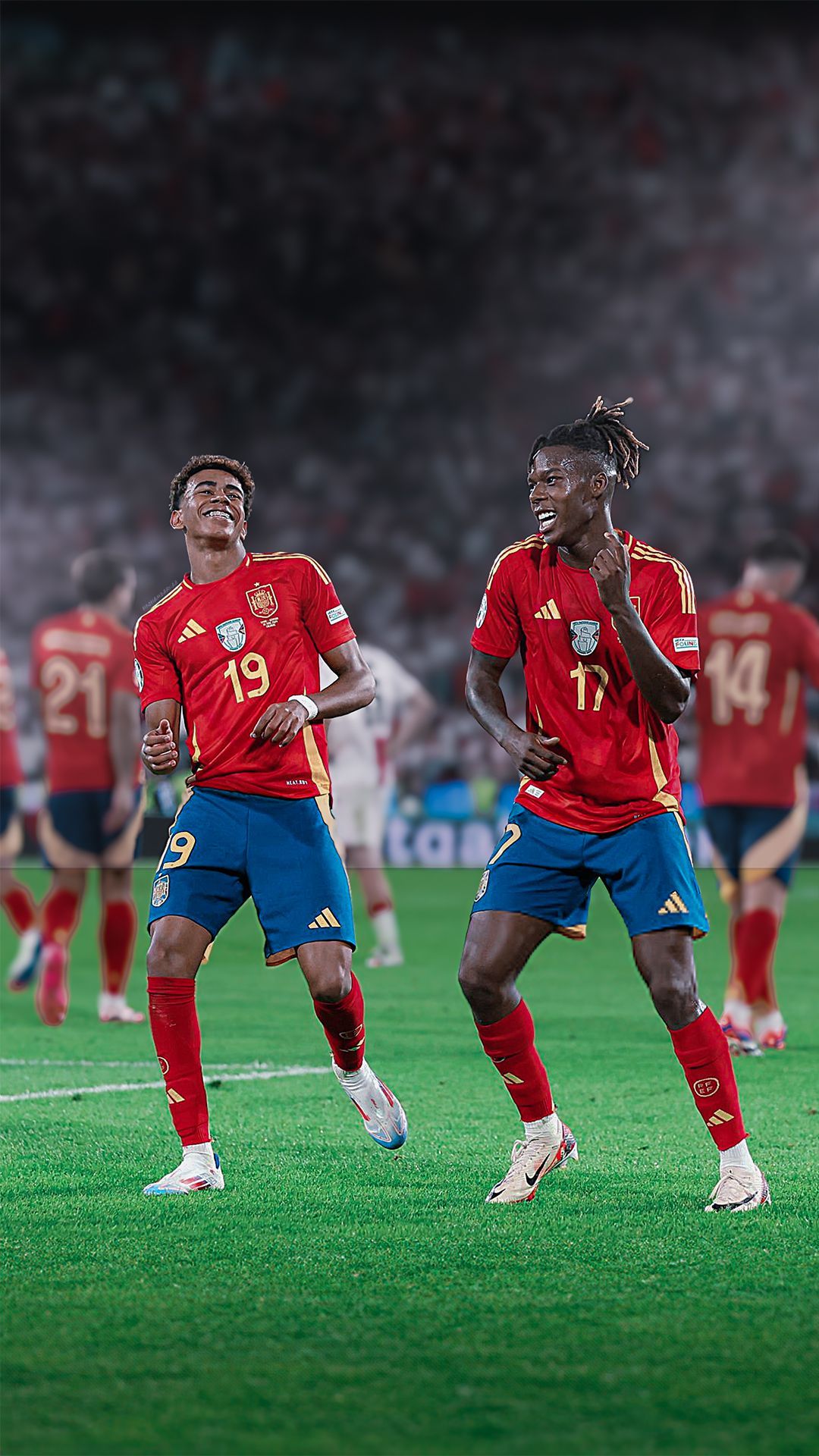 Lamine Yamal, Spanische Nationalmannschaft, Spielszene, Rasen, Hochformat, Hintergrundbild fürs Handy