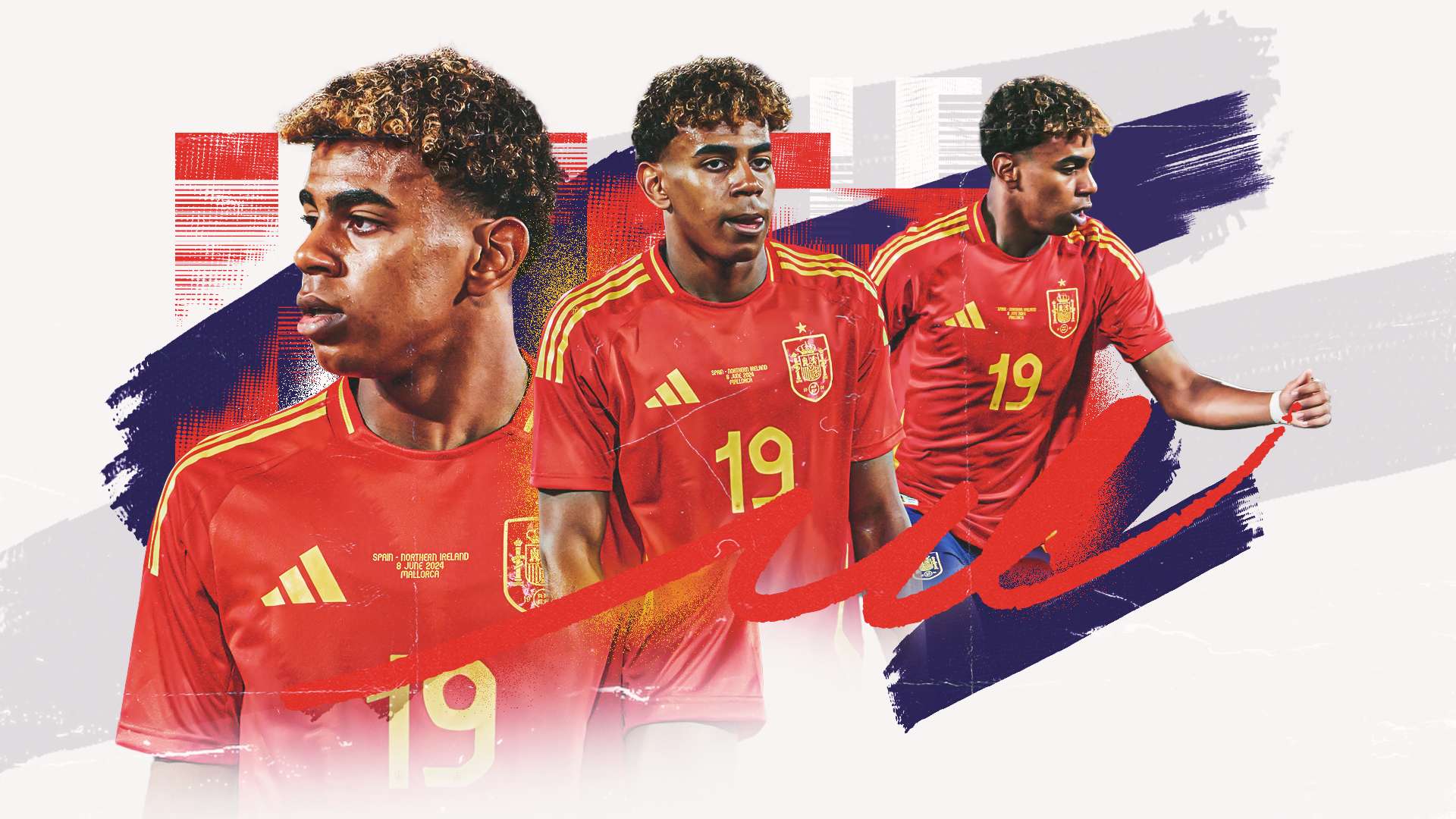 Lamine Yamal, Spanische Nationalmannschaft, Collage, Nummer 19, Pinselstriche, 1080p-Hintergrundbild