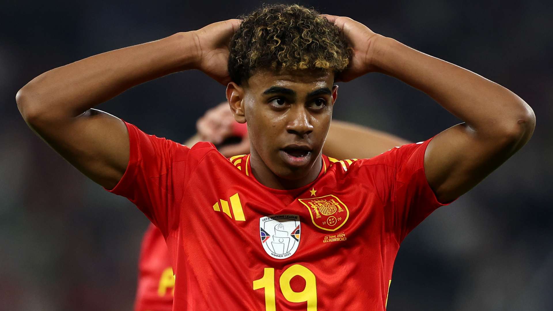 Lamine Yamal, Spanische Nationalmannschaft, Hände am Kopf, Nummer 19, Enttäuschung, 1080p Wallpaper