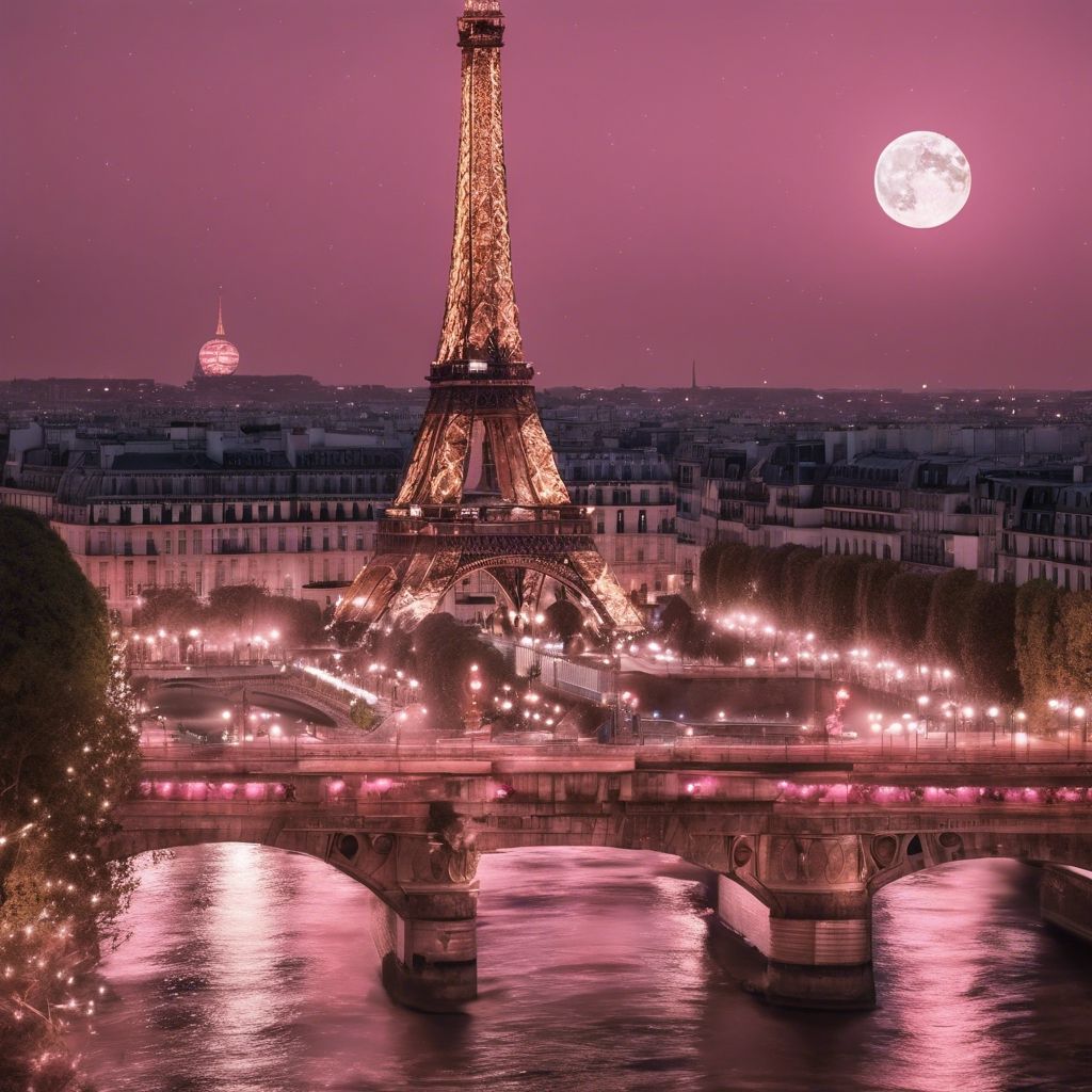 Eiffelturm, Paris, Seine, Vollmond, Brücke, Rosa Himmel, Hintergrundbild fürs iPad