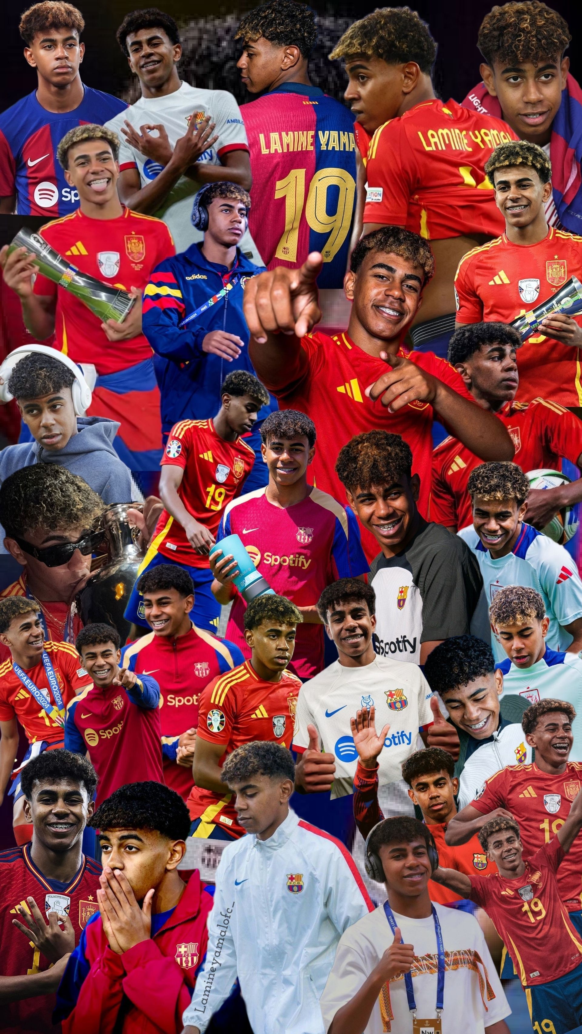 Lamine Yamal, Collage, Spanische Nationalmannschaft, FC Barcelona, Viele Fotos, Hochformat-Hintergrundbild