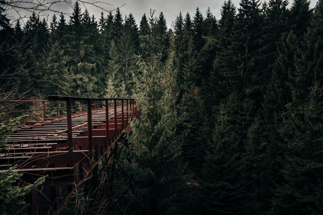 Alte Brücke, Nadelwald, Rost, Dunkle Stimmung, Hintergrundbild