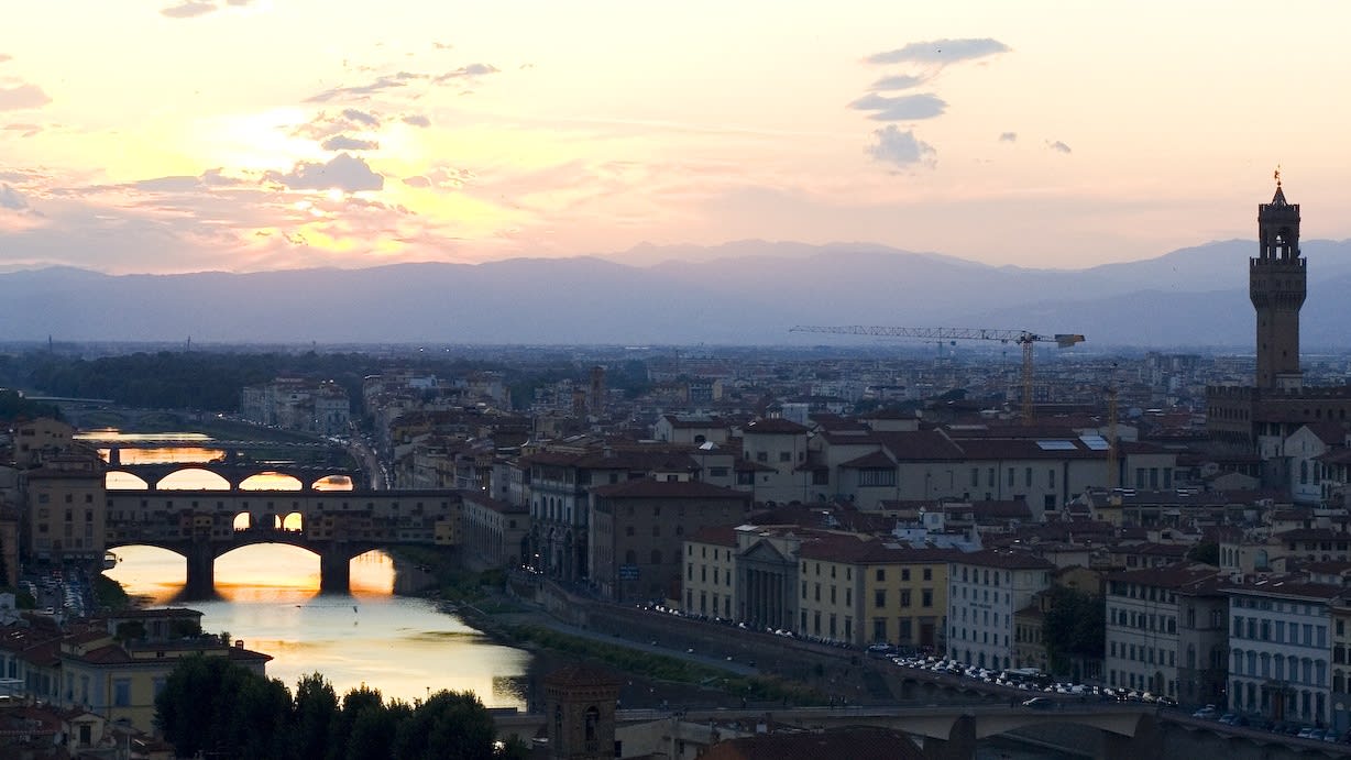 Ponte Vecchio, Florenz, Palazzo Vecchio, Arno, Italien, Sonnenuntergang, Hintergrund