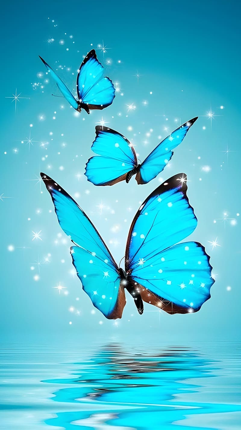 Blaue Schmetterlinge, Wasser, Spiegelung, Glitzer, Türkis, HD, Handy-Hintergrundbild