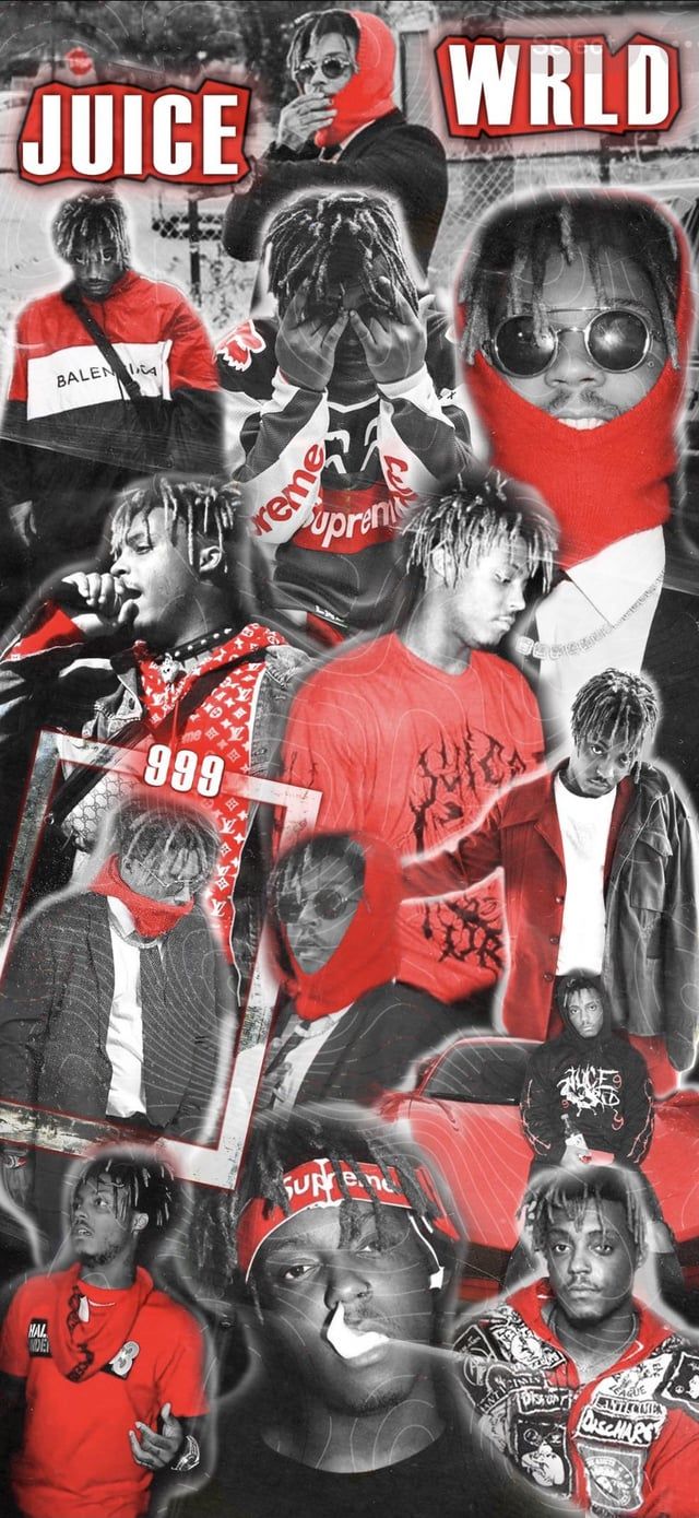 Juice WRLD, Collage, Rot, Schriftzug, Fotos, Hochformat, Hintergrundbild fürs Smartphone