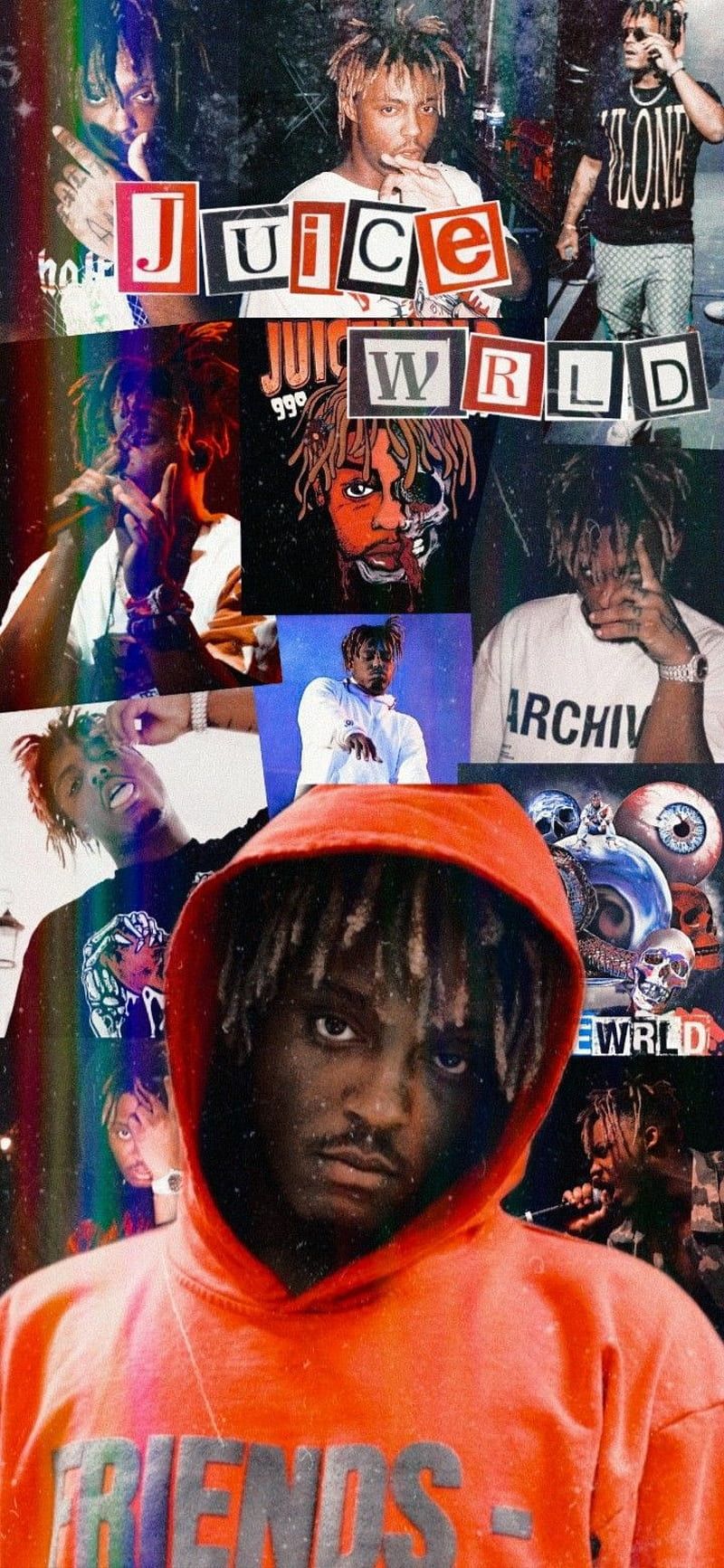 Juice WRLD, Collage, Orangefarbener Hoodie, Schriftzug, Rapper, HD, iPhone-Hintergrundbild