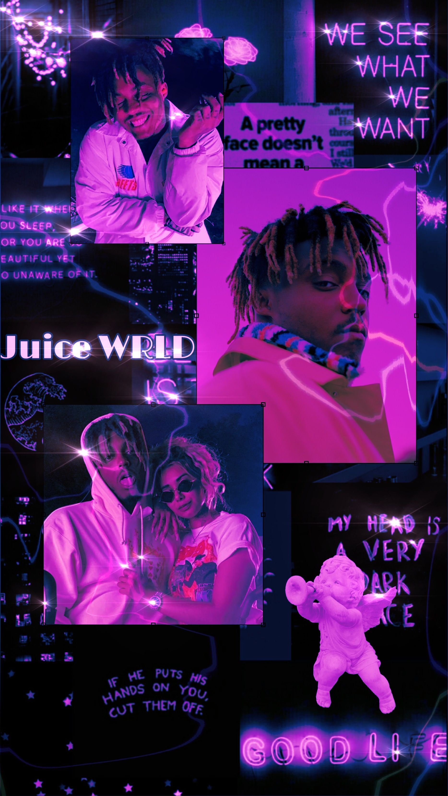Juice WRLD, 999, Collage, Lila, Neon, QHD+, Hintergrundbild fürs Handy