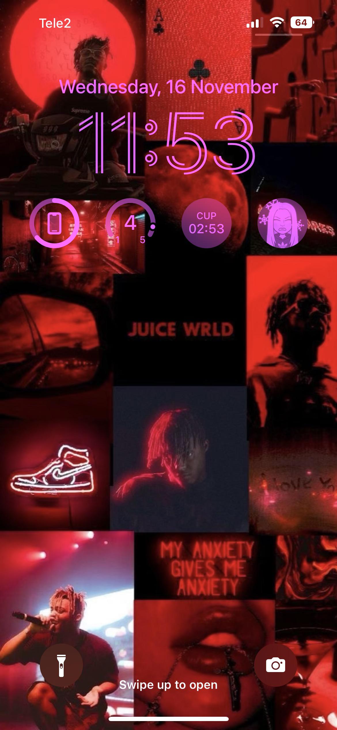Juice WRLD, Sperrbildschirm, Collage, Rot, Uhrzeit, Full HD, Handy-Hintergrund im Hochformat