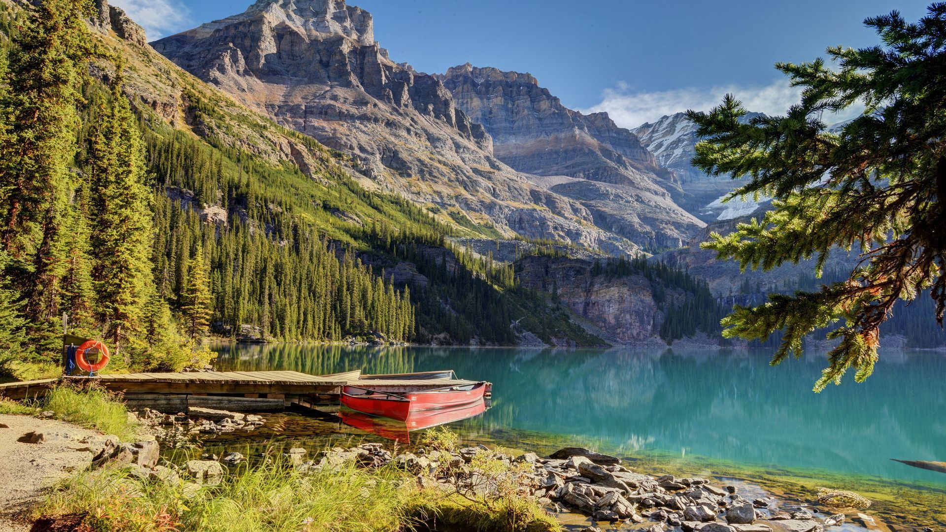 Bergsee, Kanus, Berge, Nadelwald, Türkises Wasser, 16:9, Full-HD-Hintergrundbild für den Desktop