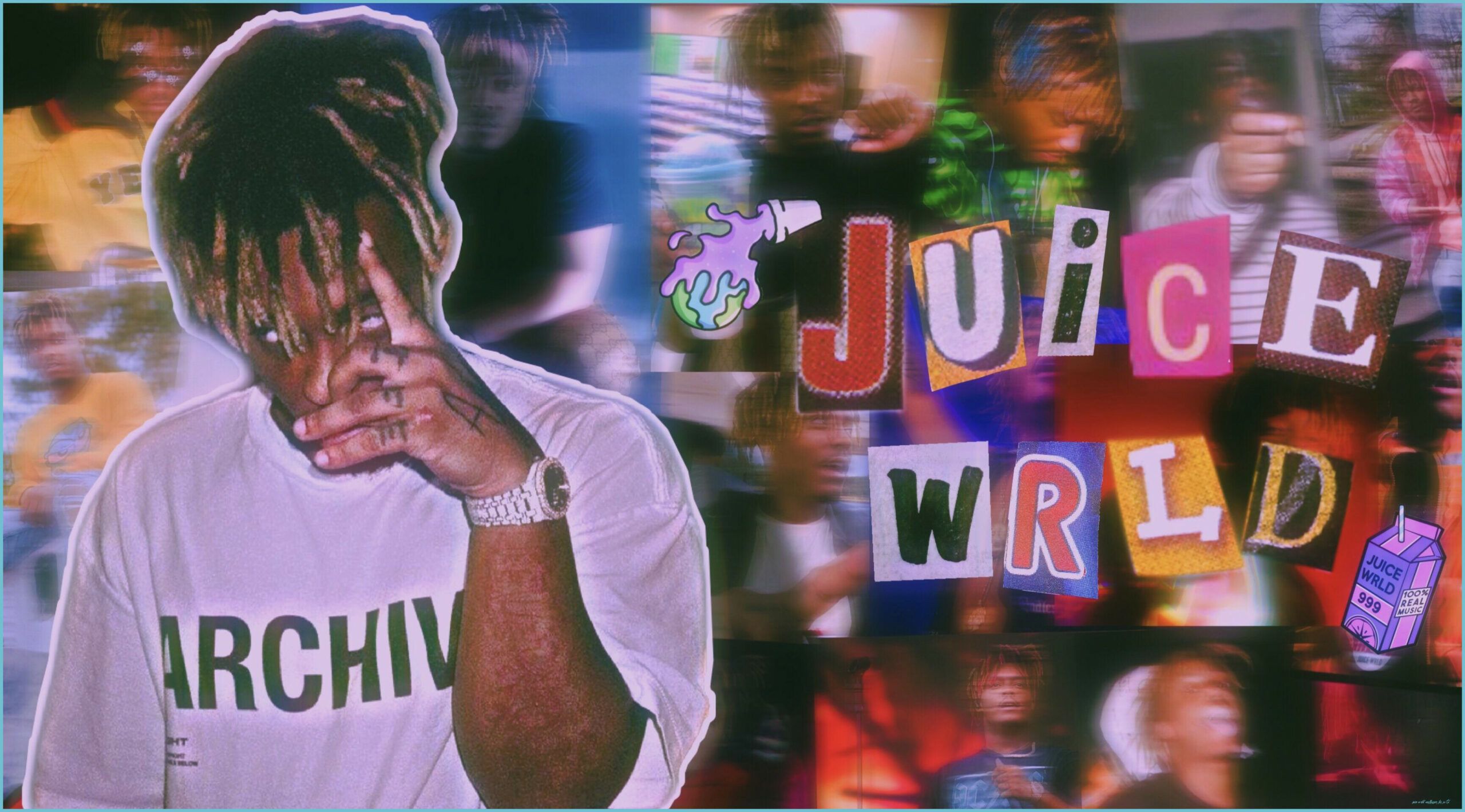 Juice WRLD, Collage, Schriftzug, Hand am Gesicht, Bunt, 2K, Hintergrundbild für den PC