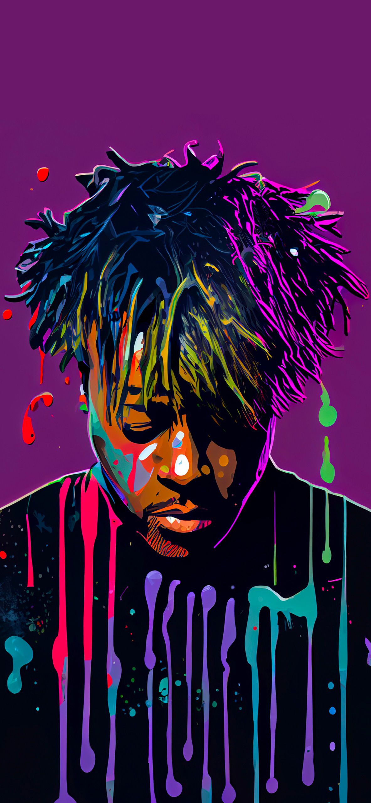 Juice WRLD, Illustration, Lila, Neonfarben, Dreadlocks, Full HD, Hintergrundbild fürs Handy