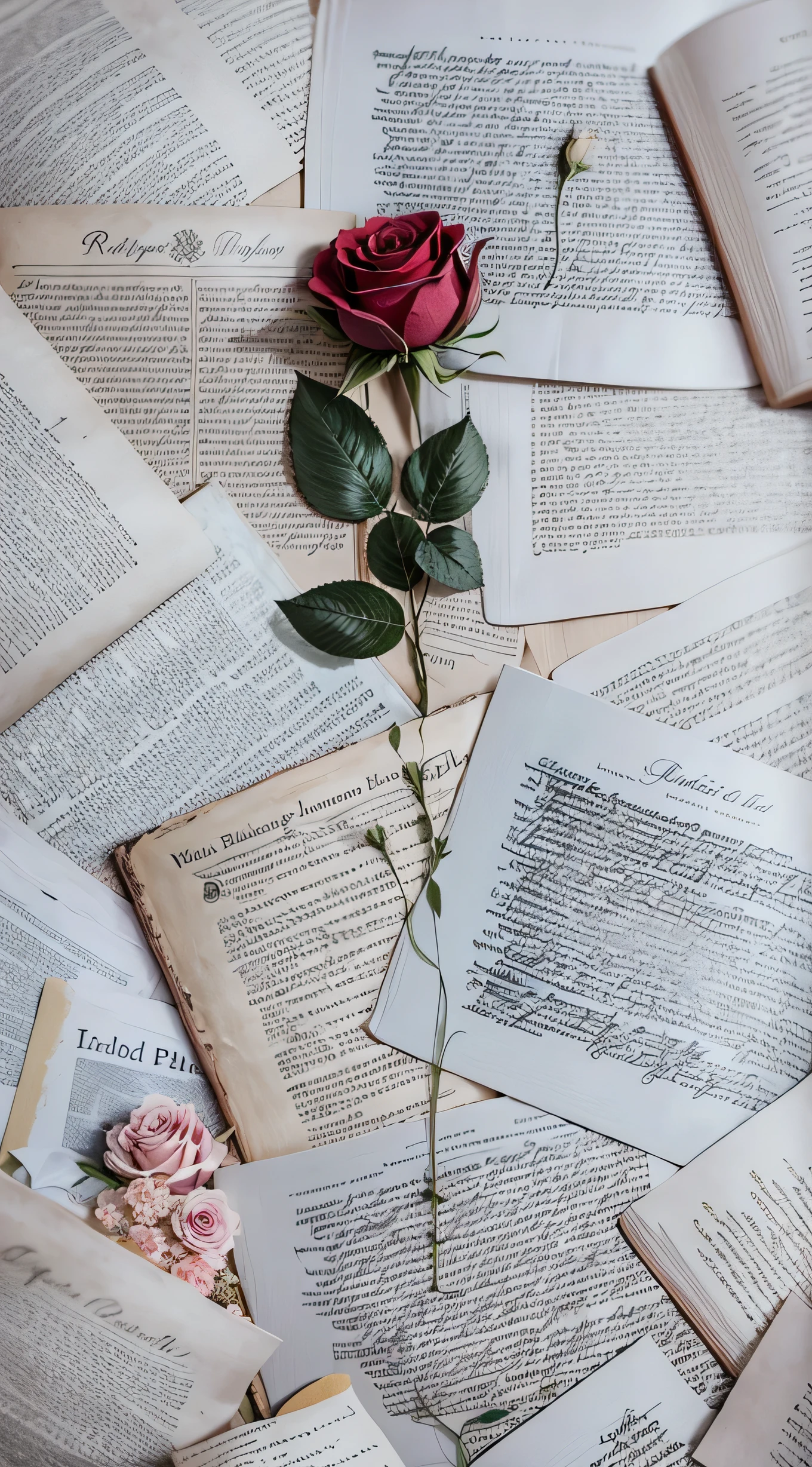 Rote Rose, Buchseiten, Flatlay, Vintage, Helle Töne, Full HD, Hintergrundbild fürs Handy