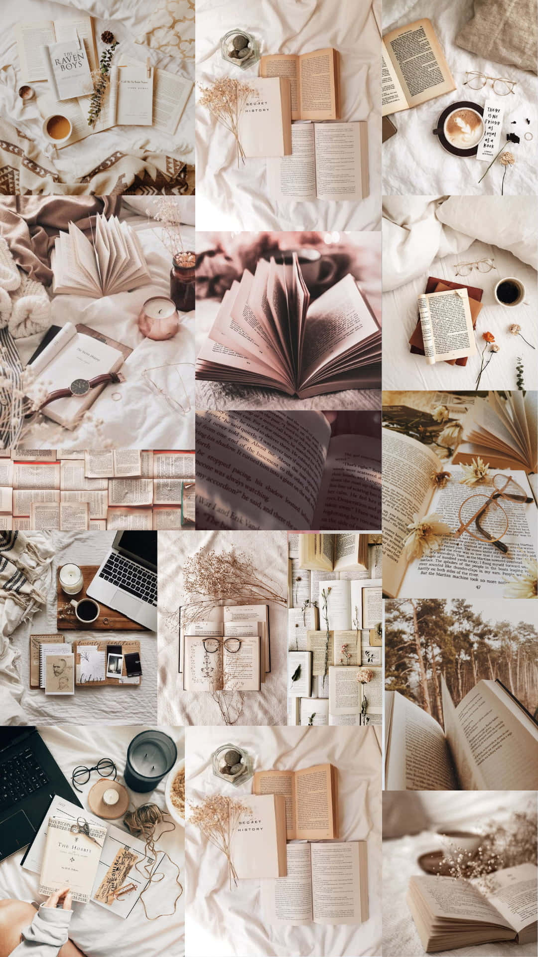 Collage, Bücher, Rosa Töne, Blumen, Ästhetik, Full HD, Hintergrundbild fürs Handy