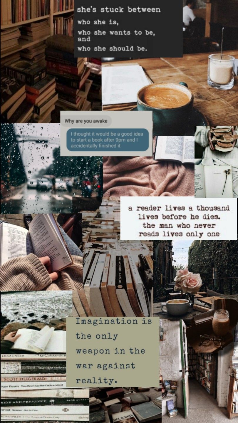 Buch-Collage, Zitate, Bibliothek, Lesen, Ästhetik, HD, Handy-Hintergrund im Hochformat