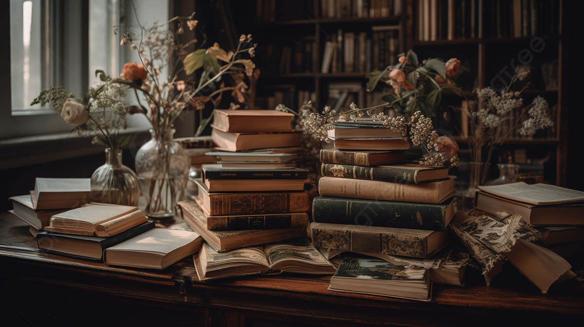 Alte Bücher, Bücherstapel, Getrocknete Blumen, Antiquariat, Dark Academia, Hintergrundbild