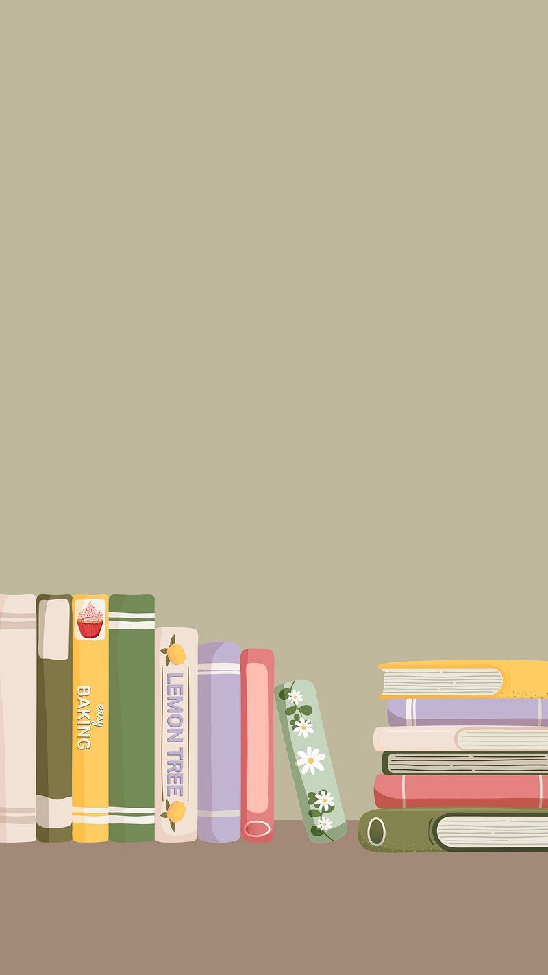 Bücherreihe, Illustration, Minimalismus, Olivgrüner Hintergrund, Pastelltöne, Sperrbildschirm