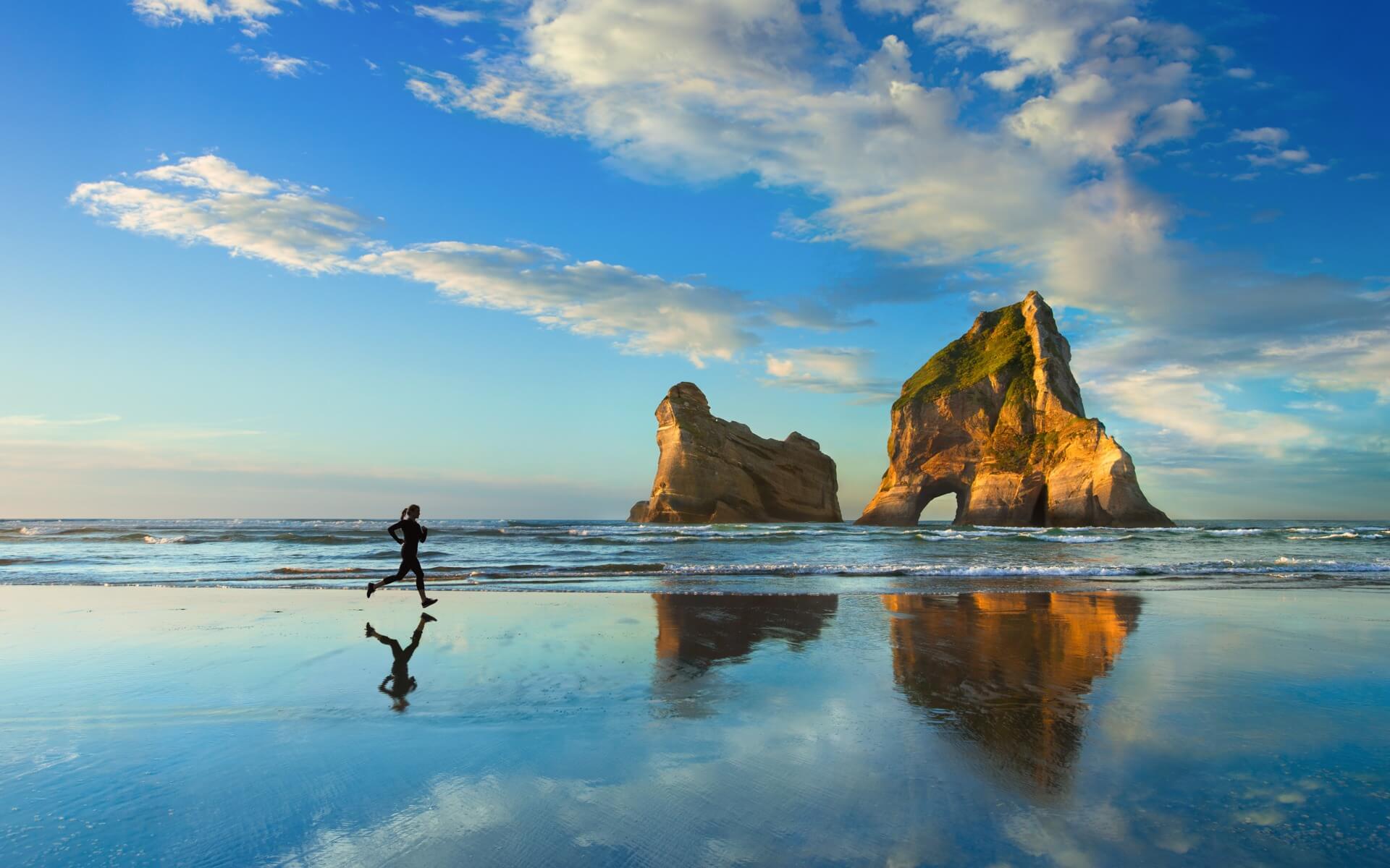 Wharariki Beach, Archway Islands, Neuseeland, Läufer, Strand, Spiegelung, Full-HD-Hintergrundbild für PC