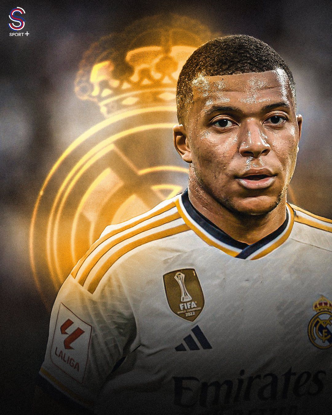 Kylian Mbappé, Real Madrid, Vereinswappen, Goldenes Licht, Digitale Kunst, Porträt, Tablet-Hintergrundbild