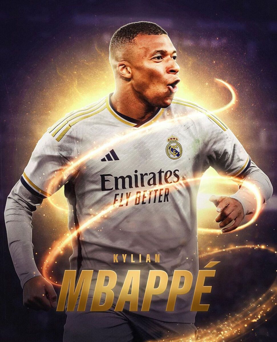 Kylian Mbappé, Real Madrid, Graues Trikot, Goldene Funken, Digitale Kunst, Hintergrundbild fürs iPad