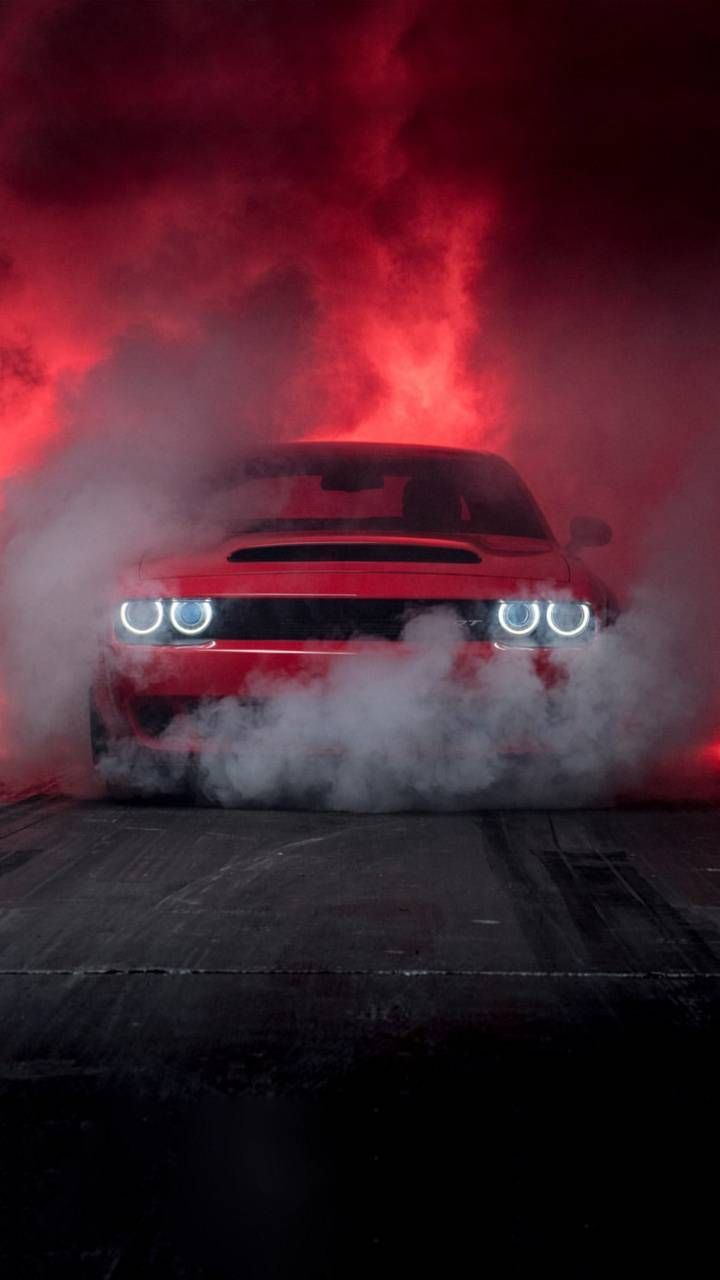 Dodge Challenger, Burnout, Rauch, Roter Himmel, Dunkel, HD, Handy-Hintergrund im Hochformat