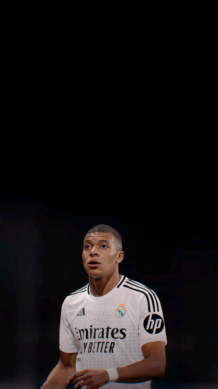 Kylian Mbappé, Real Madrid, Schwarzer Hintergrund, Minimalistisch, Weißes Trikot, Sperrbildschirm