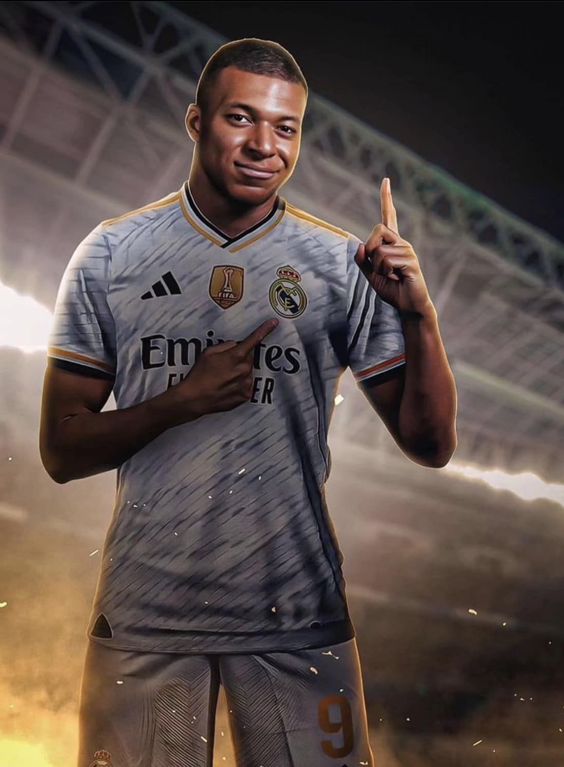 Kylian Mbappé, Real Madrid, Graues Trikot, Stadion, Fußballstar, Full HD, iPad-Hintergrundbild