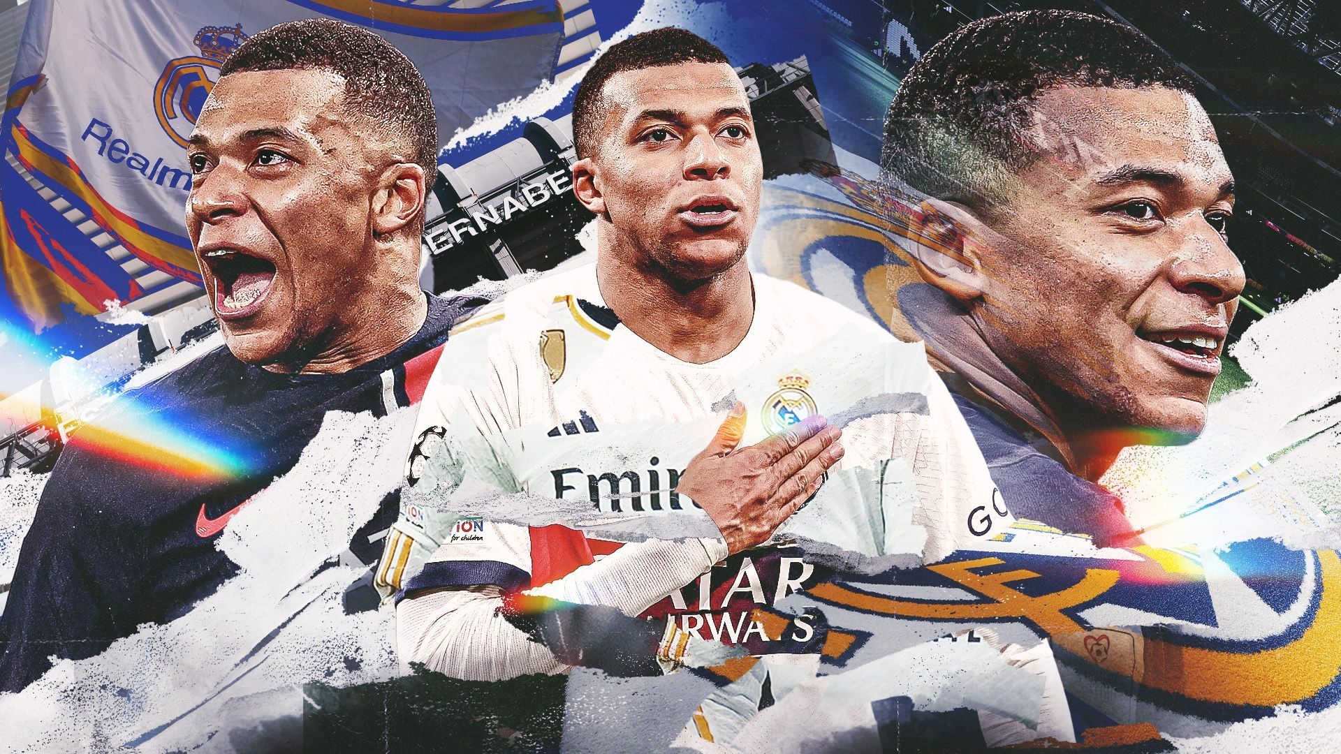 Kylian Mbappé, Real Madrid, Paris Saint-Germain, Collage, Jubel, Grafikdesign, Full-HD-Hintergrund