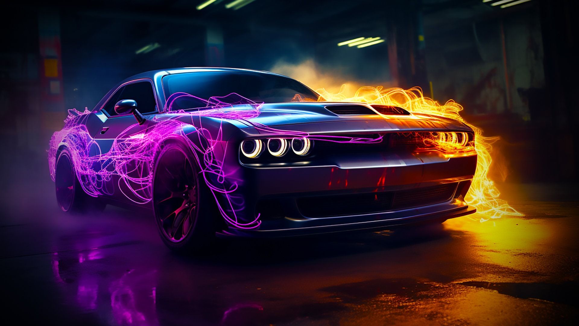 Dodge Challenger, Neonflammen, Lila, Feuer, Digitale Kunst, Full HD, Laptop-Hintergrundbild