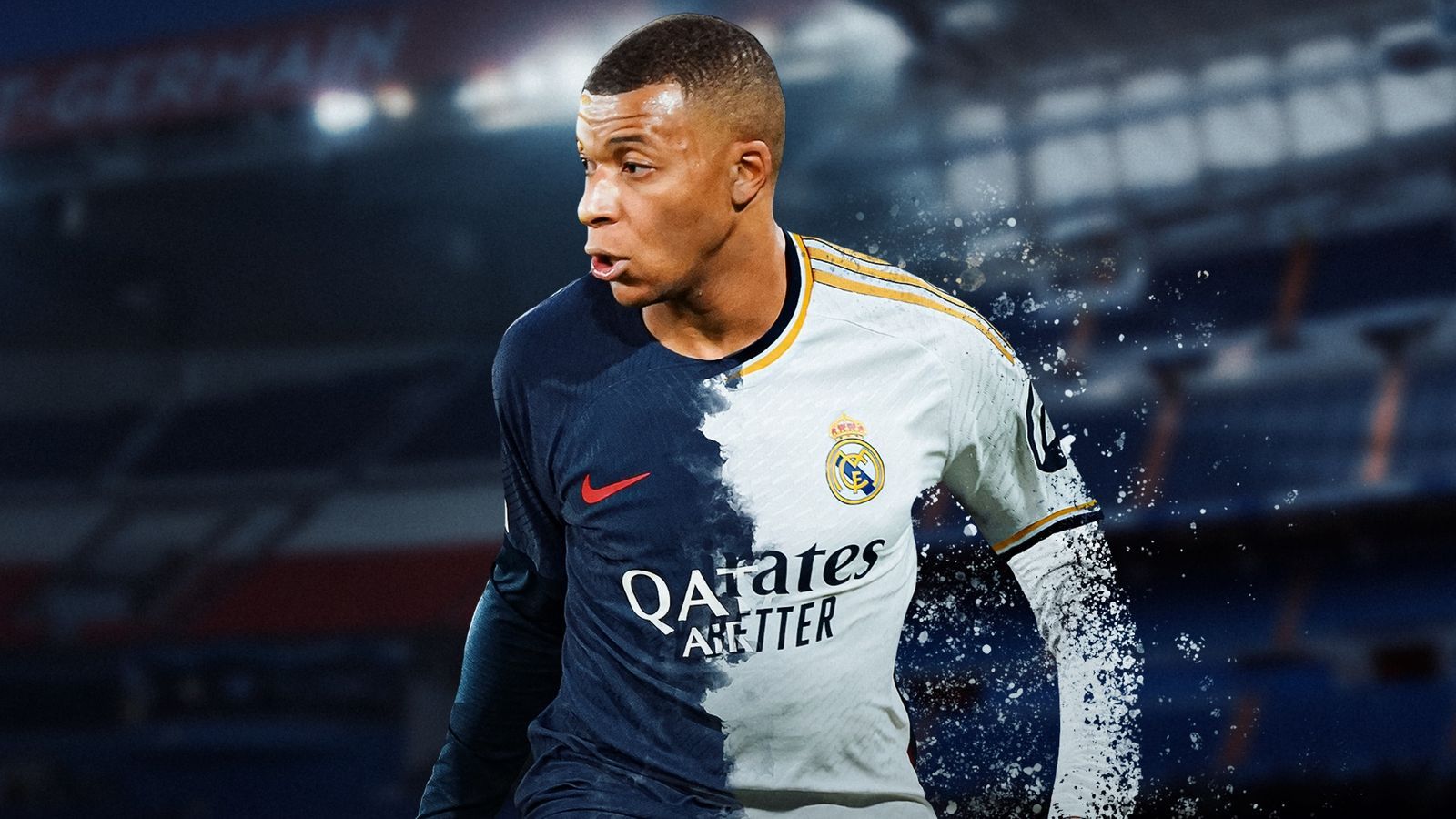 Kylian Mbappé, Real Madrid, Paris Saint-Germain, Geteiltes Trikot, Vereinswechsel, Stadion, HD-Hintergrundbild