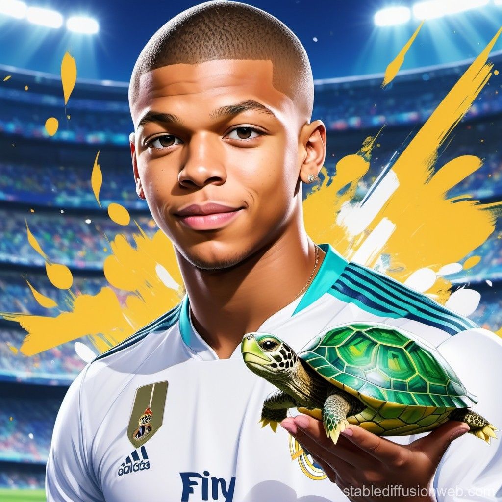 Kylian Mbappé, Real Madrid, Schildkröte, Illustration, Stadion, Gelbe Farbspritzer, iPad-Hintergrundbild