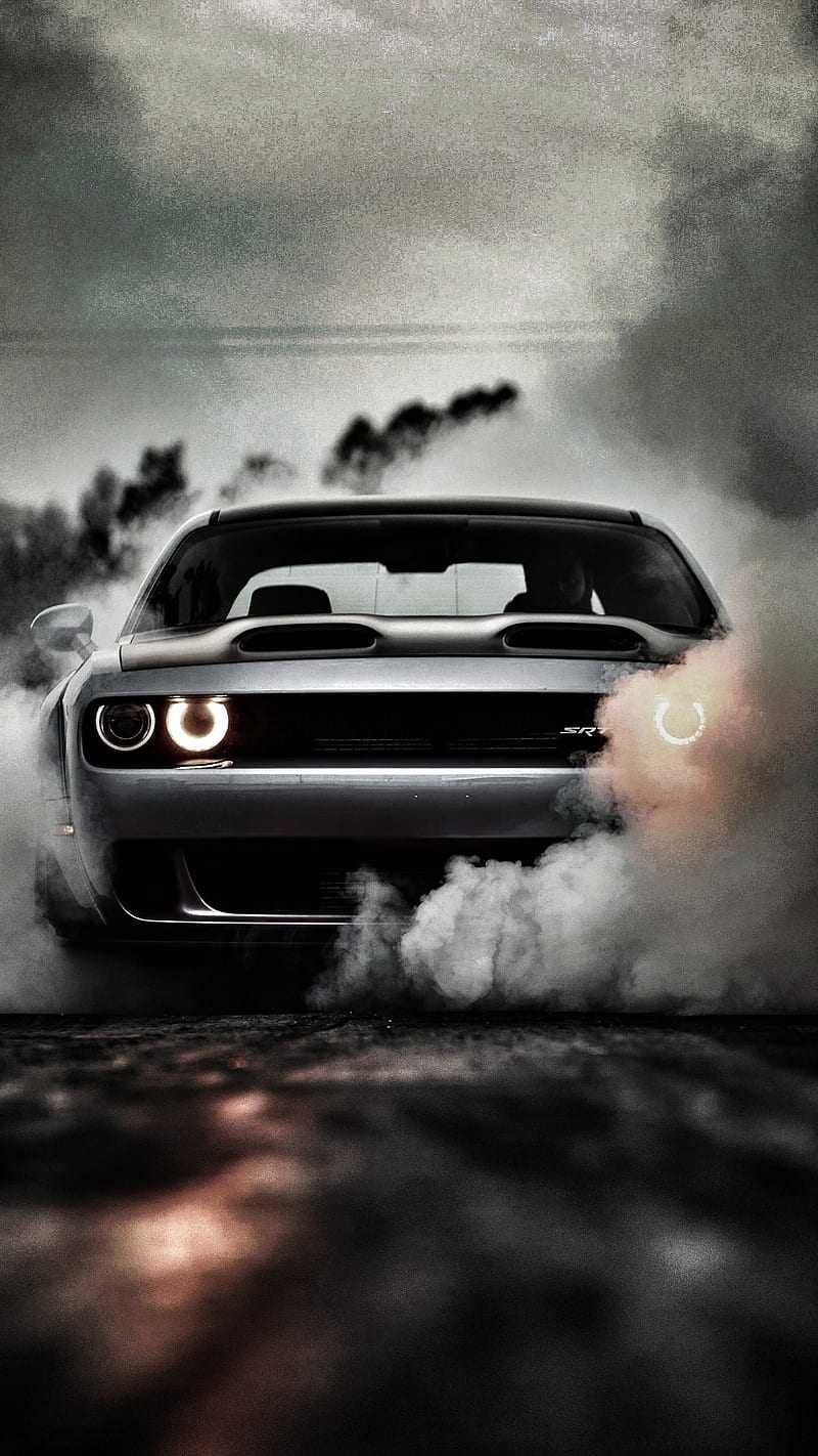 Dodge Challenger, Burnout, Rauch, Schwarzweiß, Frontansicht, HD, Handy-Hintergrundbild