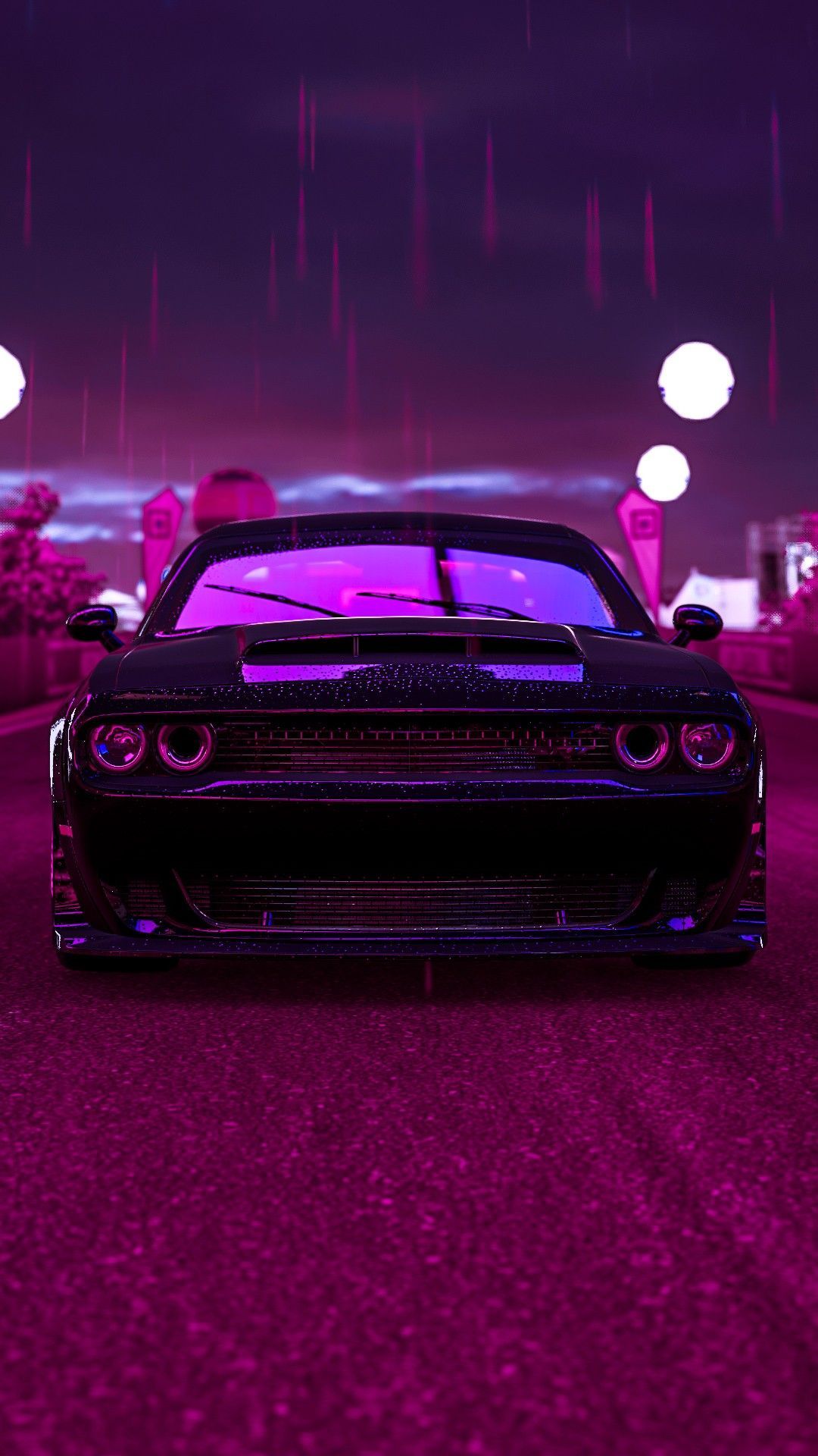 Dodge Challenger, Neon, Magenta, Nacht, Synthwave, Full HD, Handy-Hintergrund im Hochformat